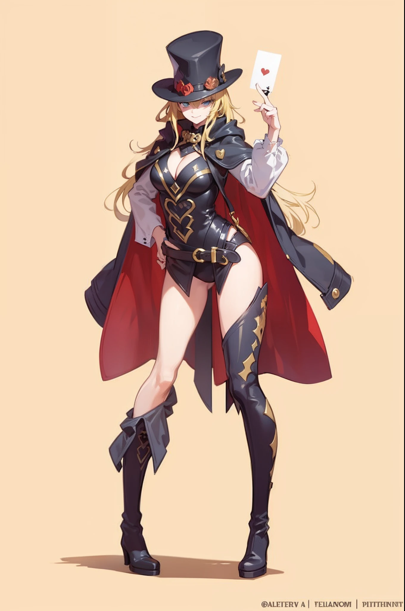 masterpiece,(bestquality),highlydetailed,ultra-detailed, dark, solo, (1girl), blackfootwear, blondehair, boots, breasts, card,(full view), cleavage, coat, wearingacoat, fullbody, hat, heart, kneehighboots, (yellowboots), leotard, letter, longhair, (mediumsizedbreasts), (playingcard), smile, standing, yellowbackground