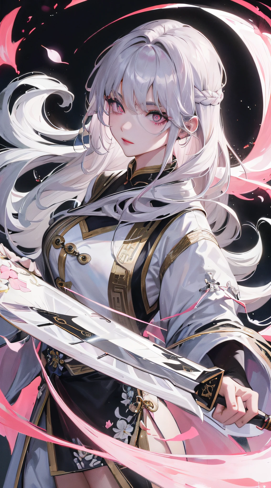 8K, Masterpiece, Best quality, Night, full moon, 1 girl, Chinese style, Chinese architecture, Mature woman, sister, Silver white long haired woman, Long hair, Light pink lips, calm, logical, bangs, Gray pupils, assassins, Fan, Knife fan, petal dancing, Delicate face,
