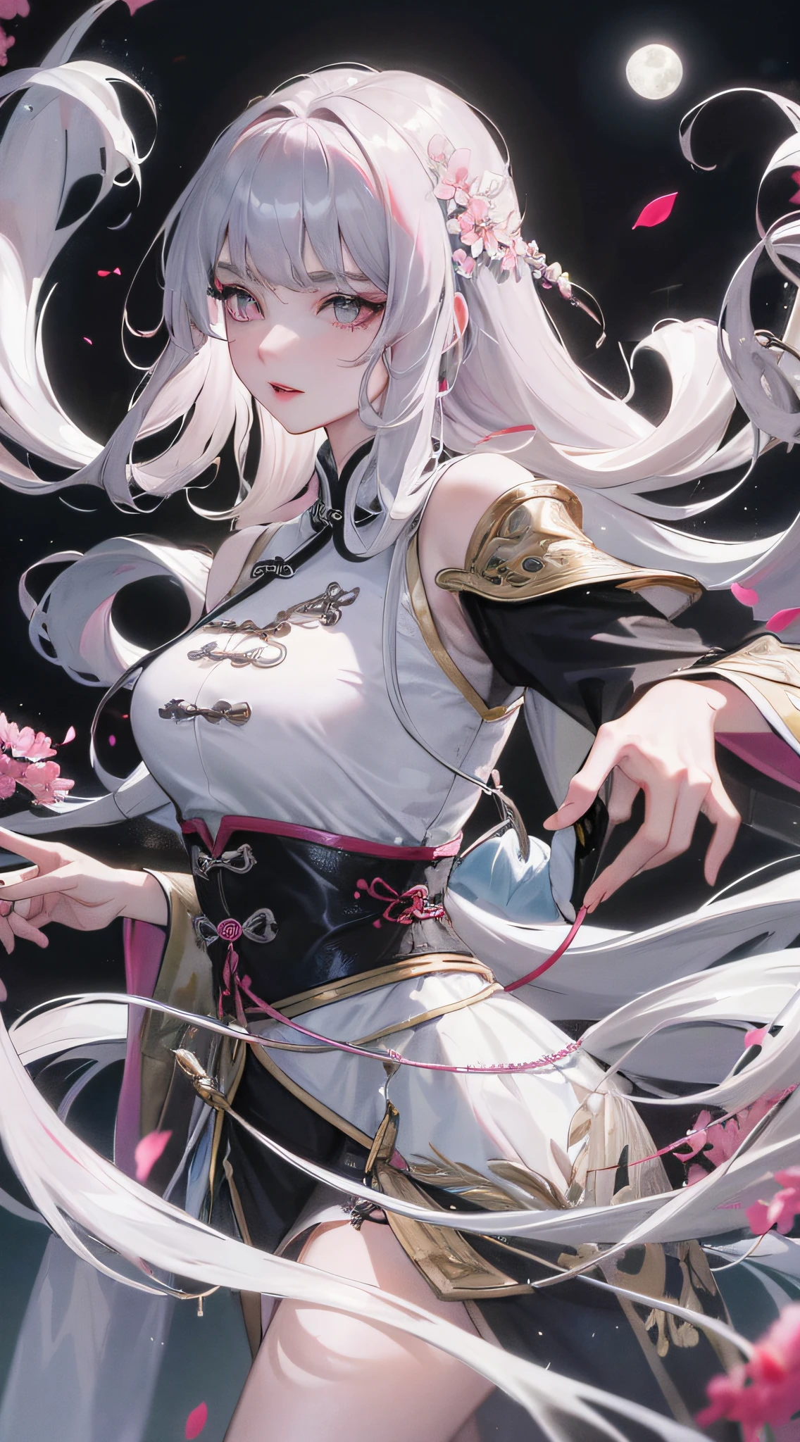 8K, Masterpiece, Best quality, Night, full moon, 1 girl, Chinese style, Chinese architecture, Mature woman, sister, Silver white long haired woman, Long hair, Light pink lips, calm, logical, bangs, Gray pupils, assassins, Fan, Knife fan, petal dancing, Delicate face,