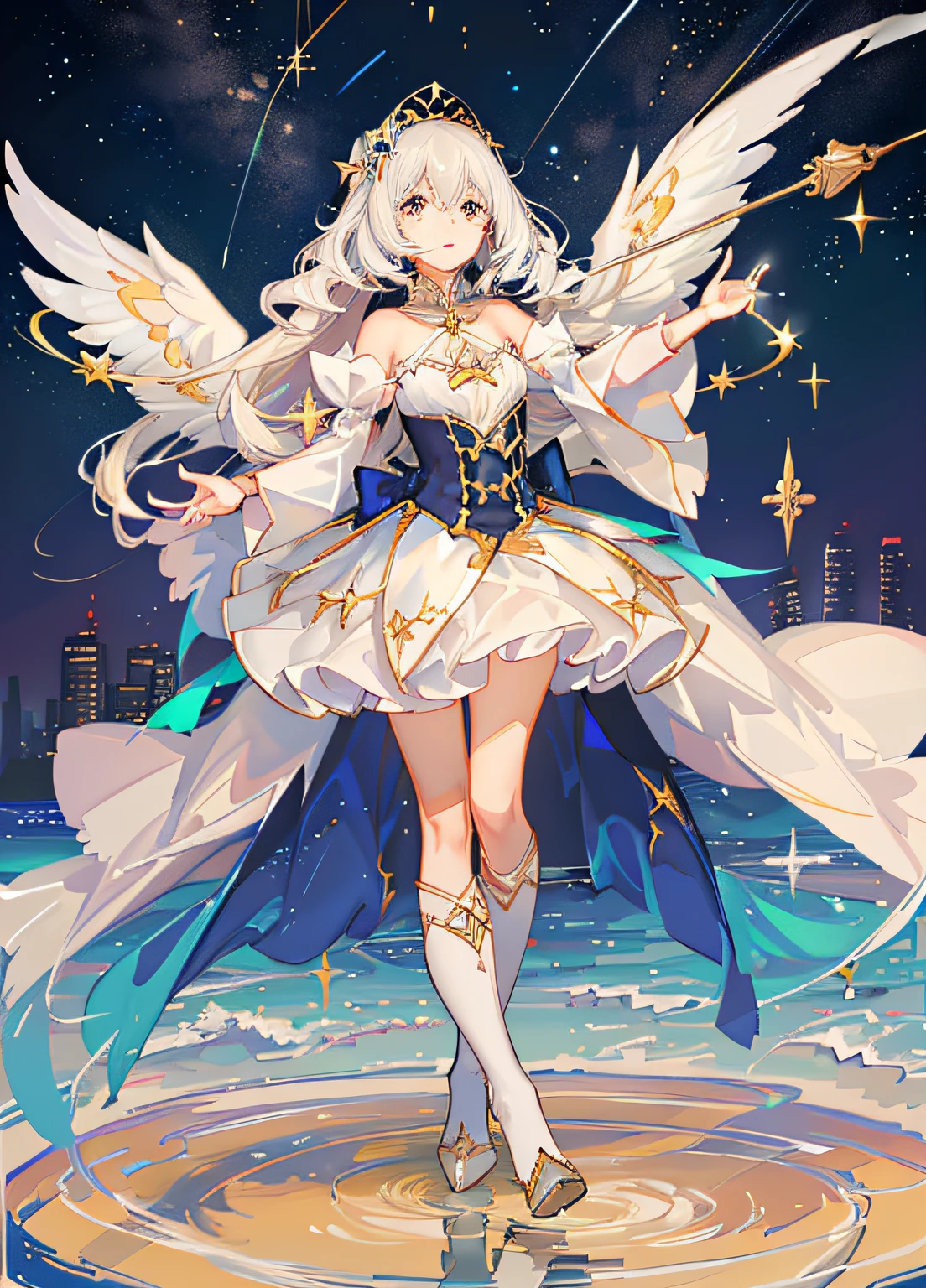 ((magical little girl)), ((Gorgeous starry sky background)), ((Ultra-detailed)), ((Best Illustration)), ((Cinematic lighting)), Dynamic Angle, Floating, finely detailed, (glitters:1.2), (Sparkle:1.2), (Shine:1.2), classic, (Painting:1.1), (Sketch:1.1), (Best quality), (Masterpiece:1.2), (Anime style), (Solo), Beautiful detailed face, (Cute face:1.3), (Big eyes:1.3), Colorful hair, (Long hair:1.2), (Floating hair:1.2), (magical girl outfit), detailed outfits, (Sparkling wand:1.3), (Magical effect:1.3), (Flowing skirt:1.2), (Cute boots:1.1), (Transparent fabric:1.1), (Twinkle:1.2), (Glow:1.2), (Radiance:1.2), (Flicker:1.2), (Dazzle:1.2)