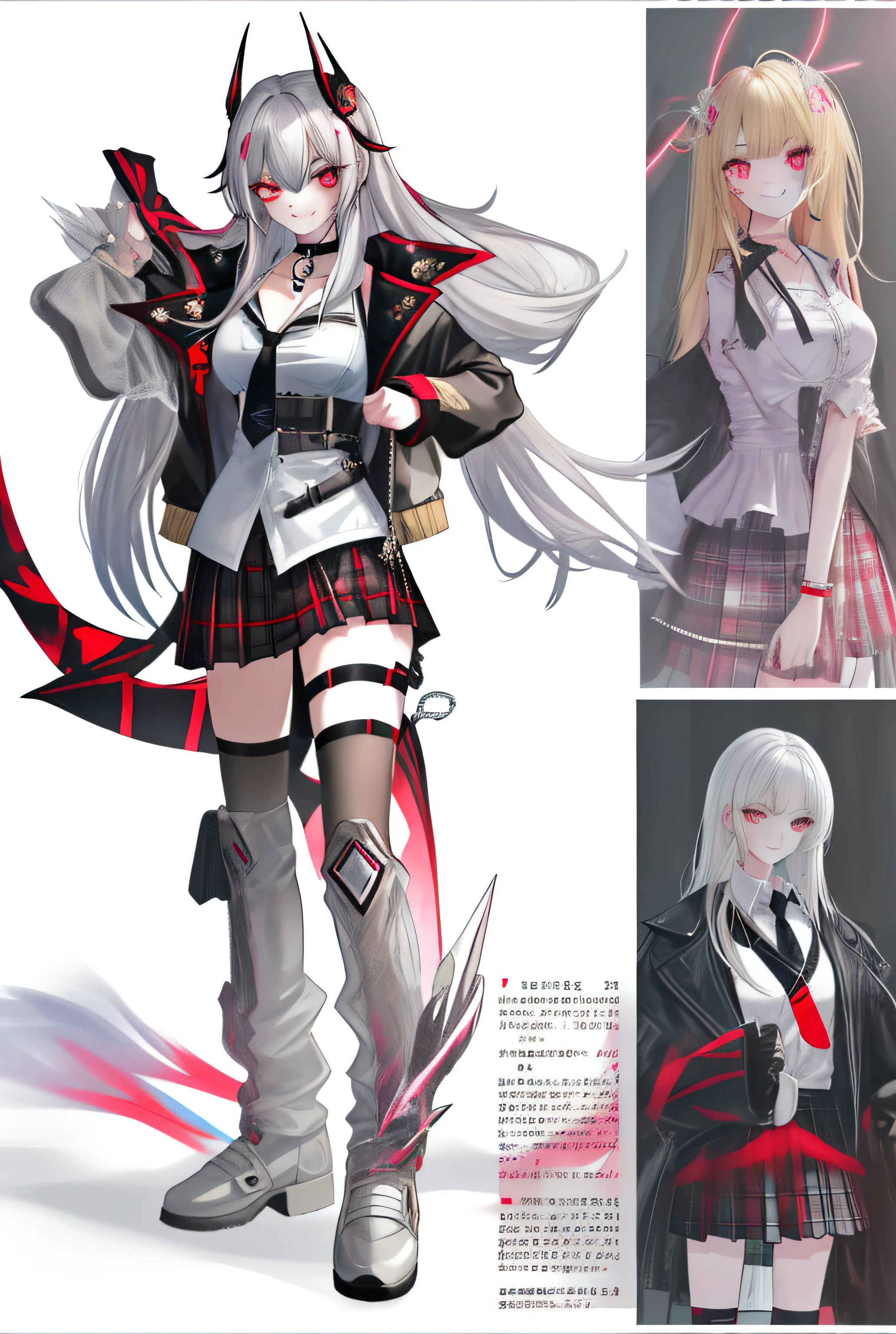 tmasterpiece,Need,full bodyesbian,1girl,By bangs,Black choker,black necktie,blond hairbl,blue skirts,Blushlush,bangle,beauty breast,Eyebrows visible through hair,Gradient hair,grinning smile,gyaru,jewely,kogal,long whitr hair,looking at viewert,Loose tie,tiese,?????? piercing,tartan,plaid skirts,pleatedskirt,red eyes,gyuru,校服,The shirt,Clear facial features