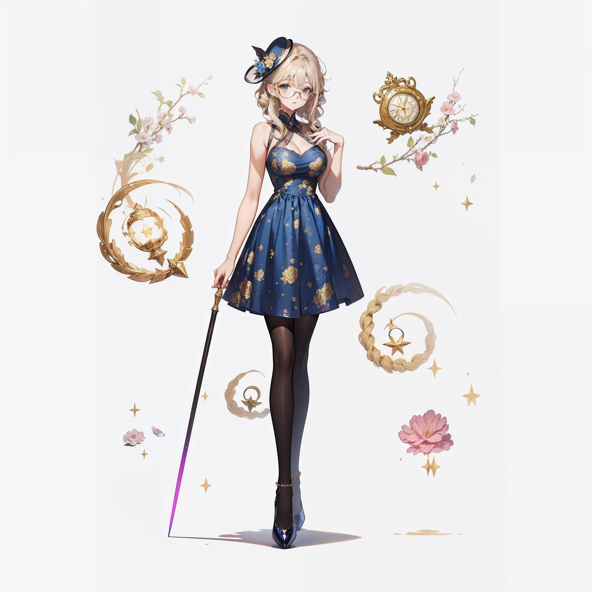 (masterpiece:1.5)(bestquality)mature female,milf,mature,light blonde hair, wavy hair with big curls,extra long hair(amplified:1.2), ample bosom,blindfolded,(alluring:1.2),French woman(celebrated:1.3),1girl,(crescent:0.5)(glimmer:0.7),dress(flutter:0.8),floral print,(vivid:0.9),glasses(crystal clear:1.1),hat (stylish:1.2),pantyhose,sheer polka dot dress,print legwear,(shimmering:0.7)shoes,(lavish:1.1)solely glamorous,(star:0.9)(twinkle:1.1)top hat(wow factor:1.2),wand,magical witch hat