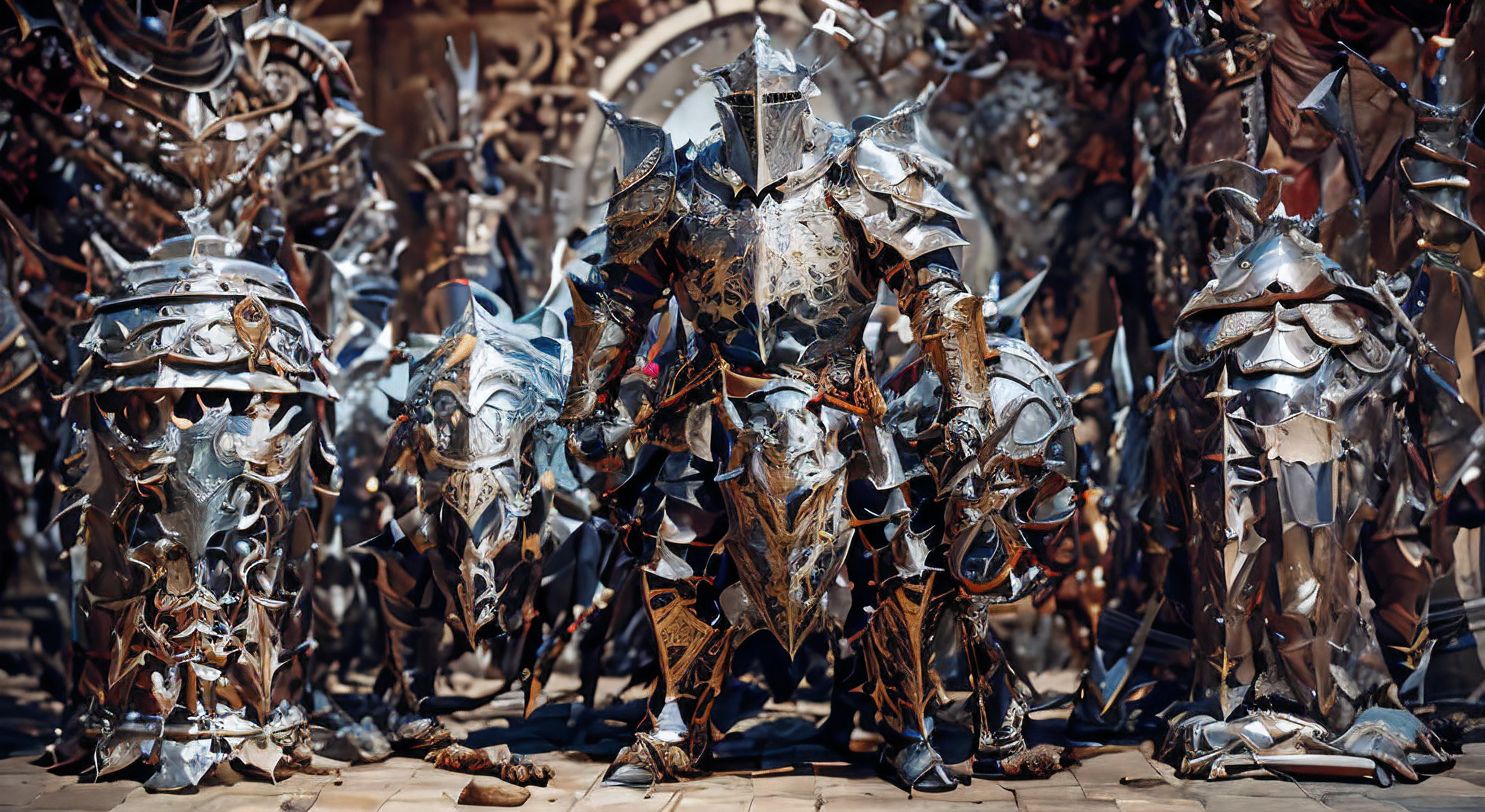 Many different types of armor are exhibited in succession, Gorgeous armor full of thorns, Barbed scrap metal armor, heavy fantasy armor, Intricate metal armor, Intricate metal armor, Barbed metal armor, render of heavy fantasy armor, Detailed fantasy armor, Intricate legendary armor, Gorgeous steel armor, warrior platinum armor, Stunning armor, Gorgeous thick plate armor, Intricate plate armor