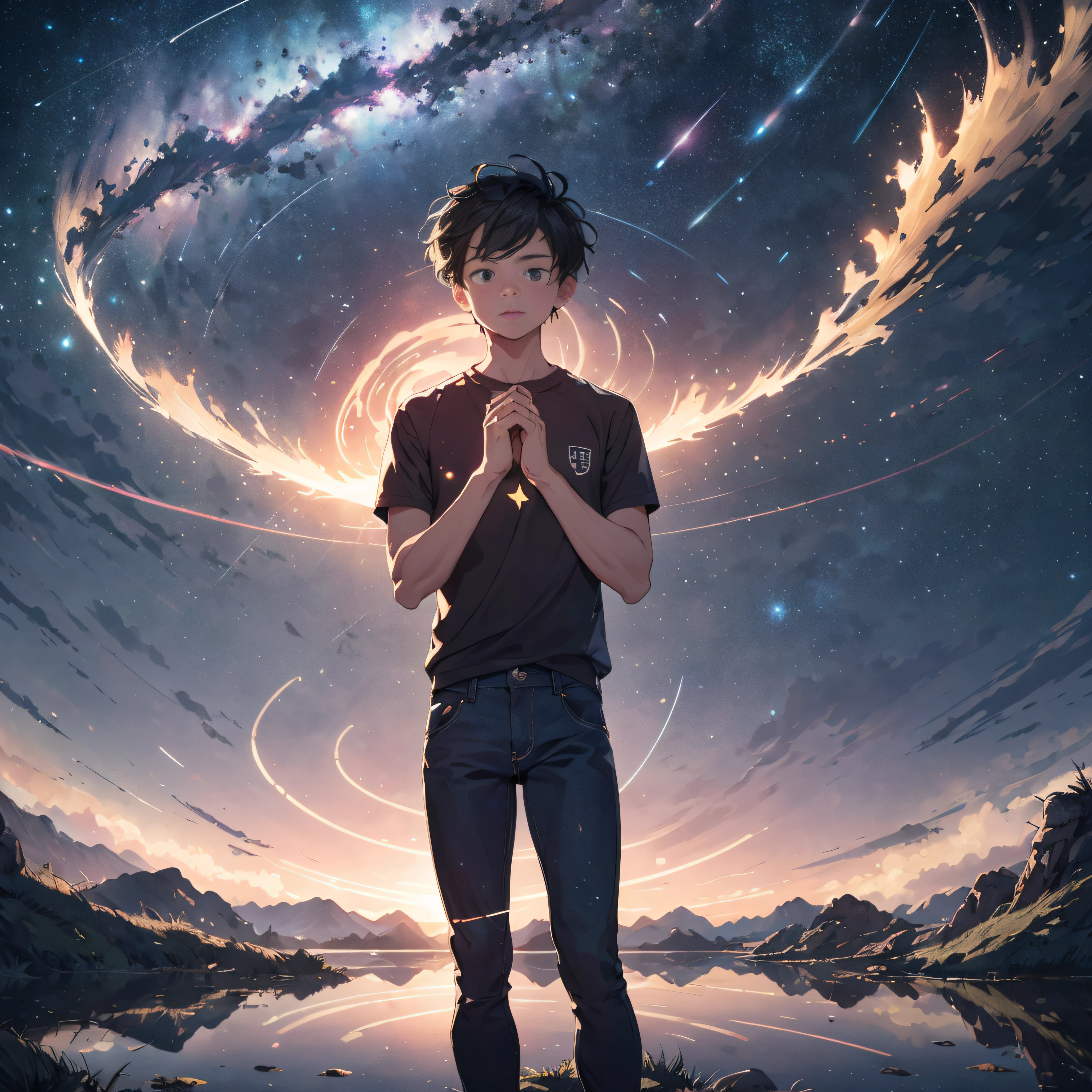 ((Best Quality, 8K, Masterpiece)), landscape, wide, morning shoot, star trail, slow speed, standing young man with black hair, black jeans, look at the stars, amazing scenery, hundreds of stars forming a circle, light waves, in the center of mountain, magic in hands, reflection, eye catching.