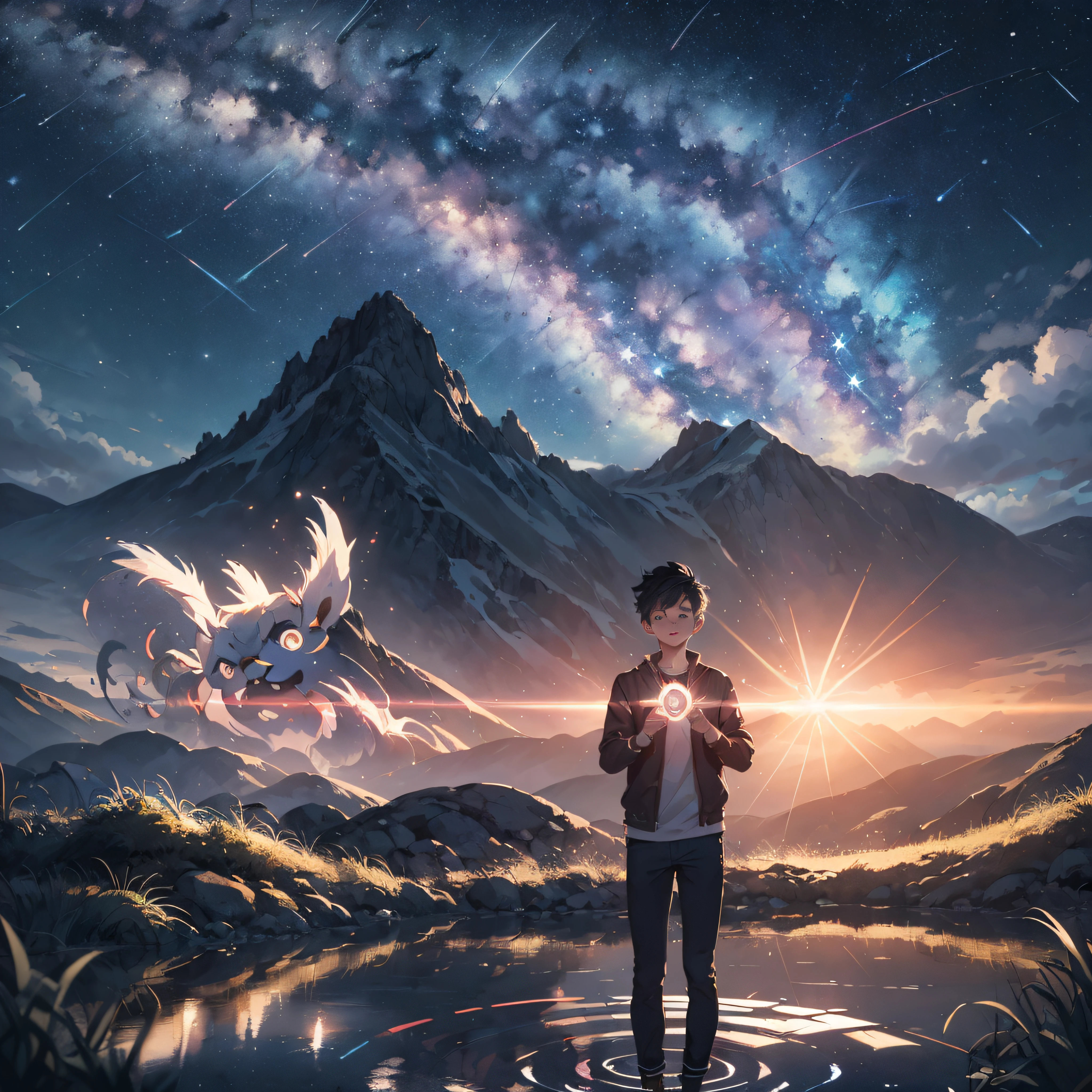 ((Best Quality, 8K, Masterpiece)), landscape, wide, morning shoot, star trail, slow speed, standing young man with black hair, black jeans, look at the stars, amazing scenery, hundreds of stars forming a circle, light waves, in the center of mountain, magic in hands, reflection, eye catching.