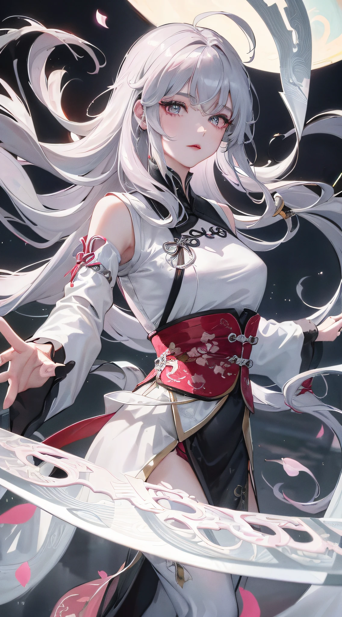 8K, Masterpiece, Best quality, Night, full moon, 1 girl, Chinese style, Chinese architecture, Mature woman, sister, Silver white long haired woman, Long hair, Light pink lips, calm, logical, bangs, Gray pupils, assassins, Fan, Knife fan, petal dancing, Delicate face,