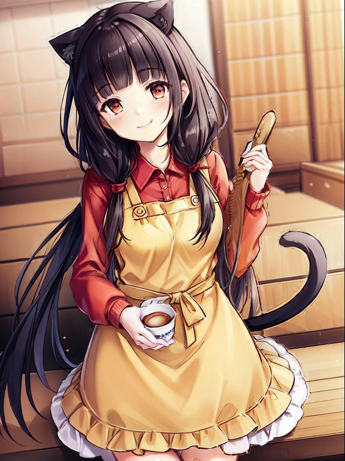 ((red clothing)), 1girl in, Cat tail, Smile, pinafore, Bread on the tray, Solo,  Long hair, Closed mouth, Long sleeves, low twintails, breasts, Blunt bangs, ((masutepiece)),(((Best Quality))), ((Ultra-detailed)), ((Illustration)), masutepiece, Best Quality, hight resolution, {Beautiful detailed eyes}, finely detail,  Beautiful detailed eyes, Smile