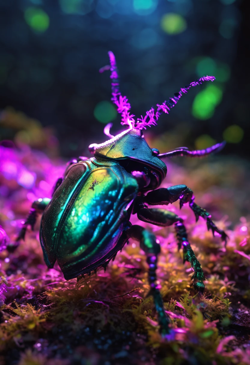 humanoid beetle with intricate metallic exoskeleton and glowing bioluminescent patterns, standing on a mossy forest floor. The beetle's wings are partially spread, showcasing the vibrant iridescent colors. There is a soft ethereal glow surrounding the beetle, adding to its otherworldly appearance.