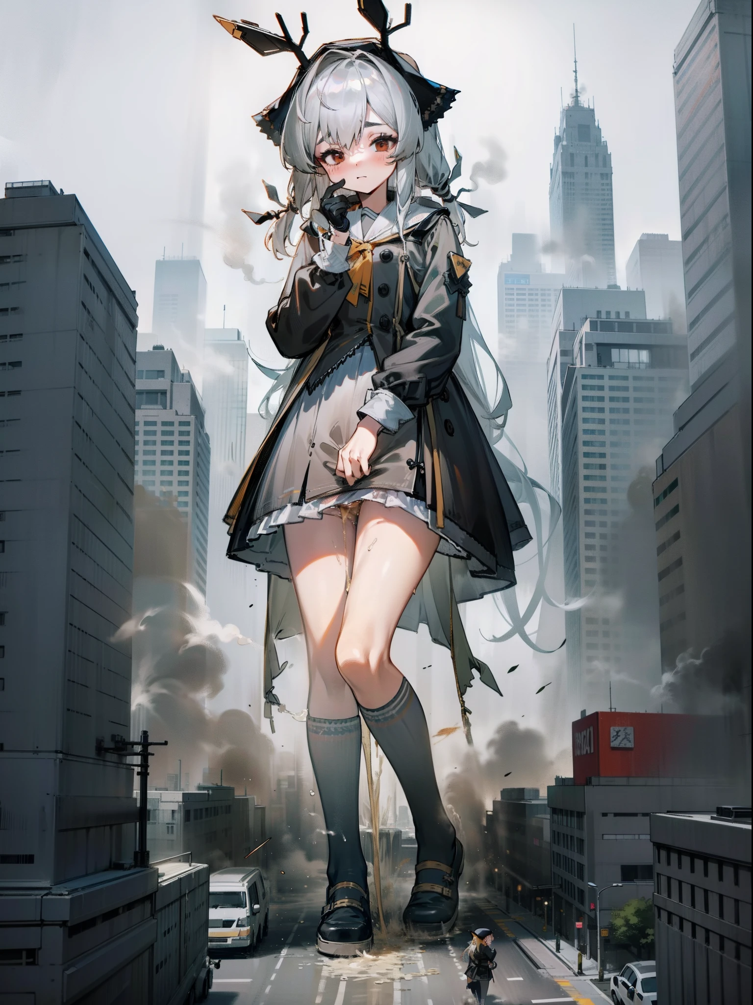 1girll,diaper,pissing,Be red in the face,Comfortable expression,Squat,urine squirting,{{{Giantess}}},A giantess,100 meters tall girl,1girll,modern miniature city,The city was trampled by her,Squat in a modern miniature city ,Pee vigorously,Urine emits steam,White pile socks,