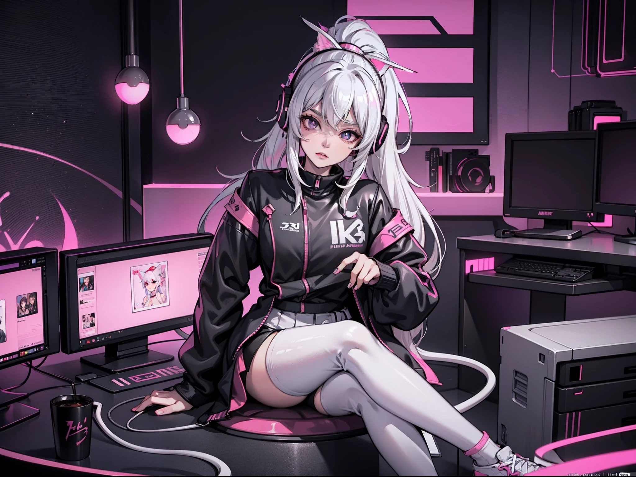 high definition 4k，An anime-style sports girl，Slim figure，Hand detail，intricate face details，silver-white long hair，High ponytail，Pink pupils，wearing cat ear headphones，Put on the game team costume，Long sleeves and long skirts，sitting in front of the computer，In the background is a room with an esports atmosphere，detail-rich，Mainly black and pink color scheme，Animation-style rendering，cute 3 d render，Unreal Engine5，Stylized anime，Atey Ghailan 8 K，Stylized 3D rendering，