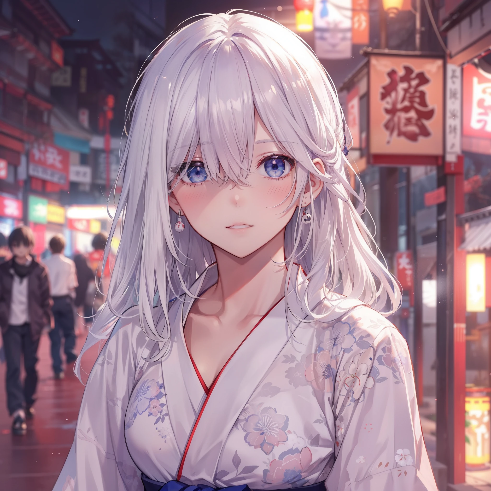 A girl,White hair,eBlue eyes,,(()),Medium hair,Japan architecture,komono,the night,Summer Day Festival,,((hair on one eye:1.4)),,flatchest,Face only,Thin,