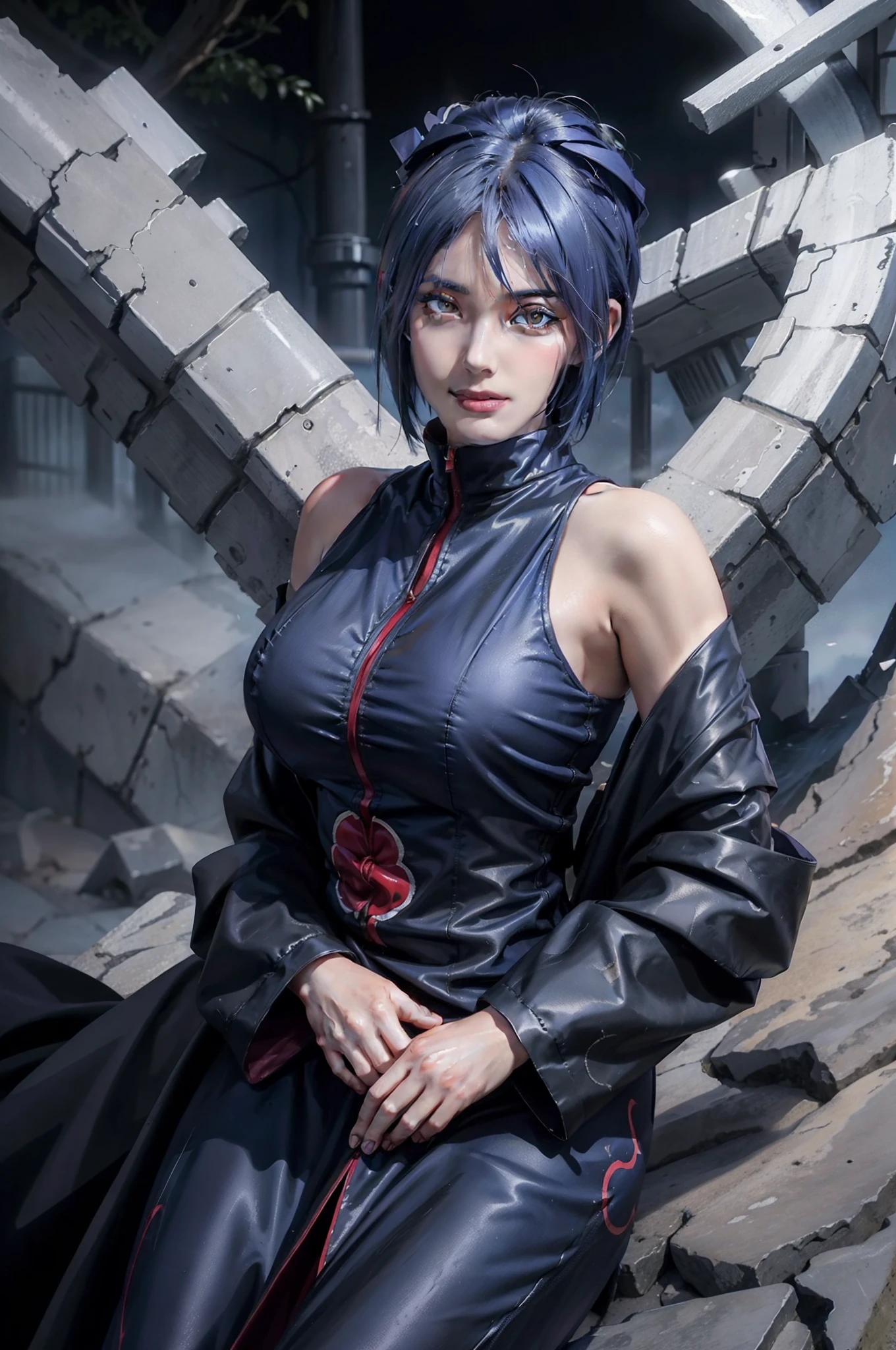 1girl, konan akatsuki in anime naruto, short hair, blue hair, yellow eyes, smile, beautiful, sexy dress, sexy clothes, black and red clothes, very big breast, realistic clothes, detail clothes, outdoor background, ultra detail, realistic