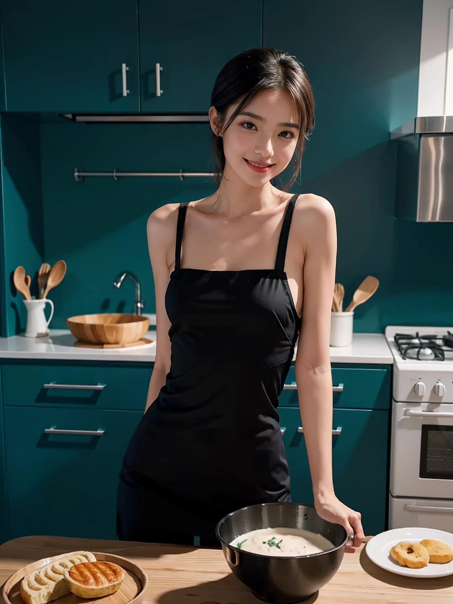 (best quality, 8K, masterpiece: 1.3), Beautiful woman with perfect body: 1.2, dark brown hair, wearing a pendant, wearing an apron, in the kitchen, Highly detailed face and skin, detailed eyes, double eyelid, cut watermelon,