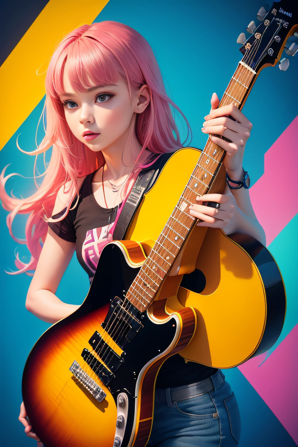 Graphic design，Beating notes，guitar，pianos，brightcolors，Bright colors，vivaciousness,geometric figure --auto