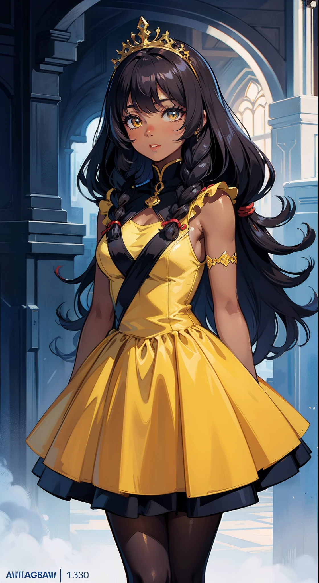 detailed cartoon, Black young princess sister with hair braids and almond-shaped eyes, Dark brown skin, The whole body is wearing a yellow princess dress, cartoon character, 8K, High quality, high resolution, 4K, HD,(Well-designed body), amazing body, (Super detailed), Beautiful eyes, Cartoon
