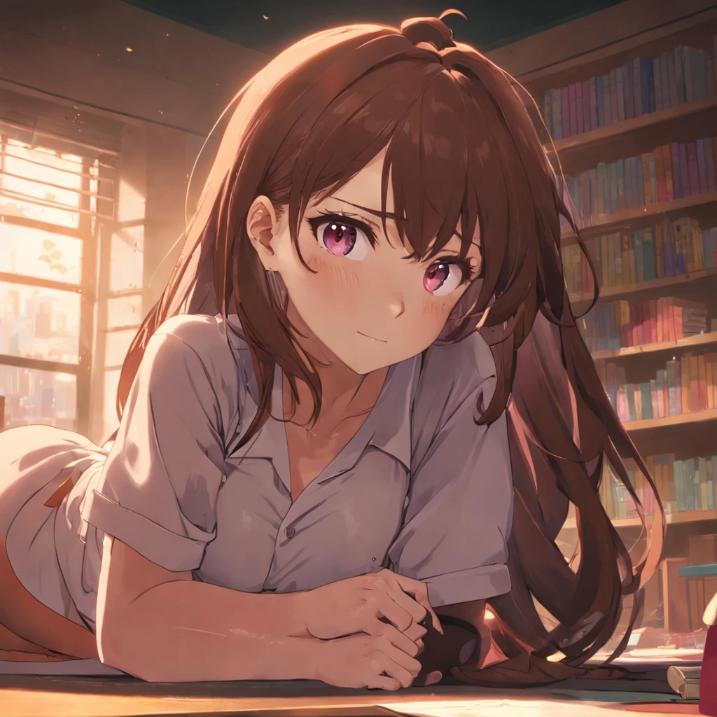 tmasterpiece，best qualtiy，cinematic Film still from，1girll，‎Classroom，inside in room，The girl was lying on her desk，Pillow your arm，ssmile，brunette color hair，Look at the camera，closeup cleavage，brightly，cheerfulness，Warm and soft lighting，the sunset，（spark of light：0.7）