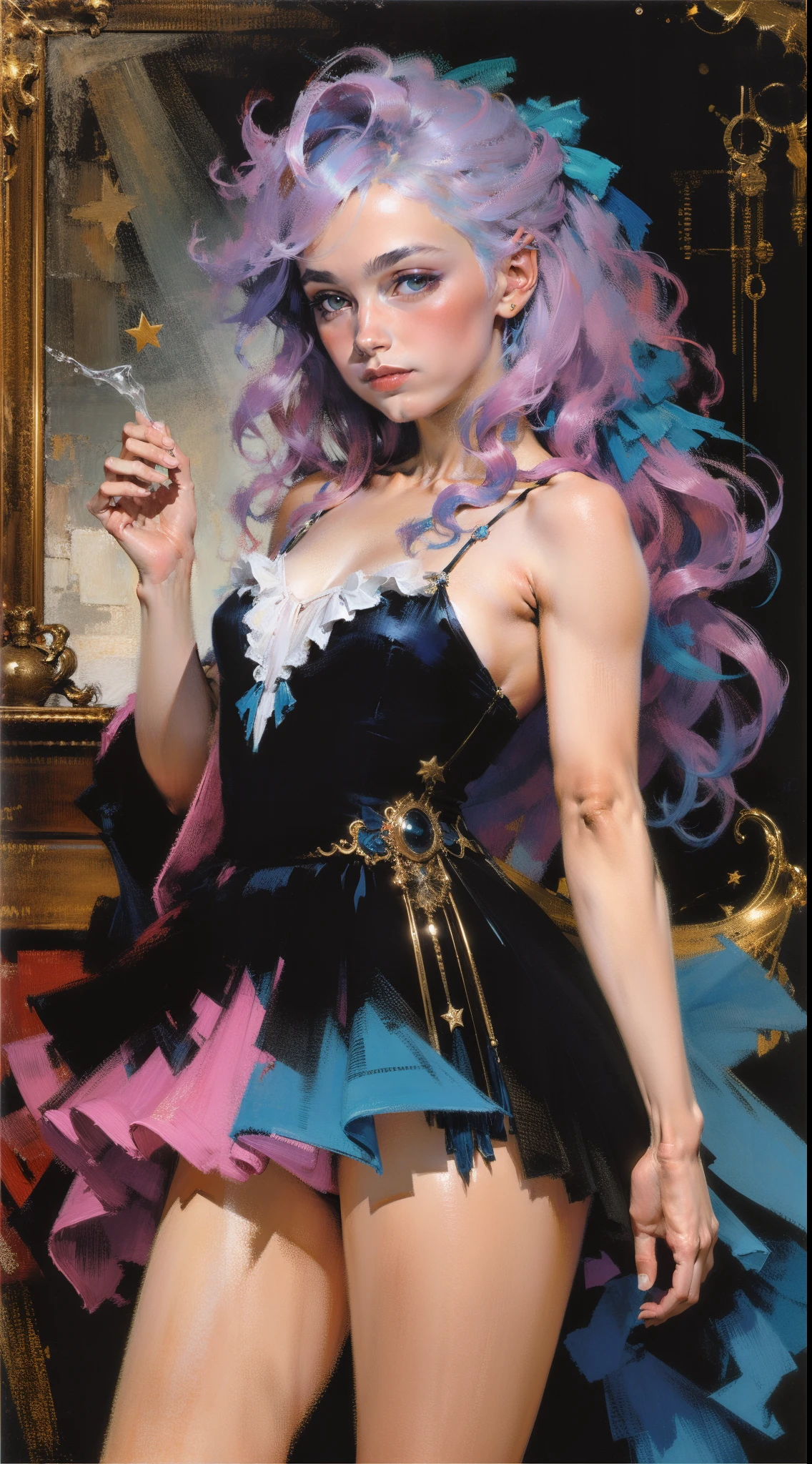 (tmasterpiece,top-quality,best qualityer,,offcial art,Beauty and aesthetics:1.2),(1girll:1.3),(s fractal art:1.3),The upper part of the body,Elegant dress,seen from the side,looking at viewert,(rainbow colour hair,The color hair,Half blue and half pink hair:1.2),Eau,liquids,clouds,Colorful,Starry,As estrelas,