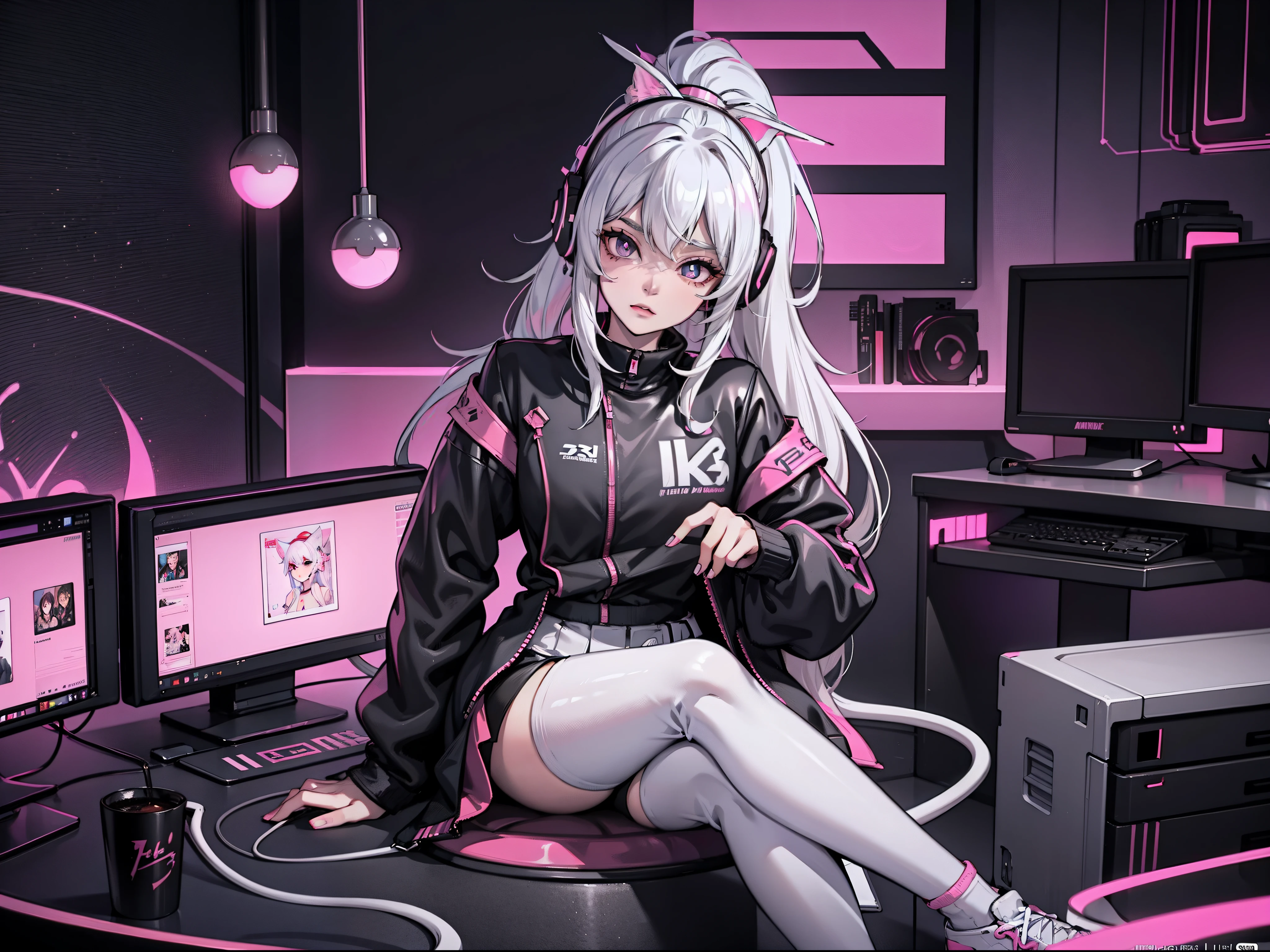 high definition 4k,An anime-style sports girl,Slim figure,Hand detail,intricate face details,silver-white long hair,High ponytail,Pink pupils,wearing cat ear headphones,Put on the game team costume,Long sleeves and long skirts,sitting in front of the computer,In the background is a room with an esports atmosphere,detail-rich,Mainly black and pink color scheme,Animation-style rendering,cute 3 d render,Unreal Engine5,Stylized anime,Atey Ghailan 8 K,Stylized 3D rendering,