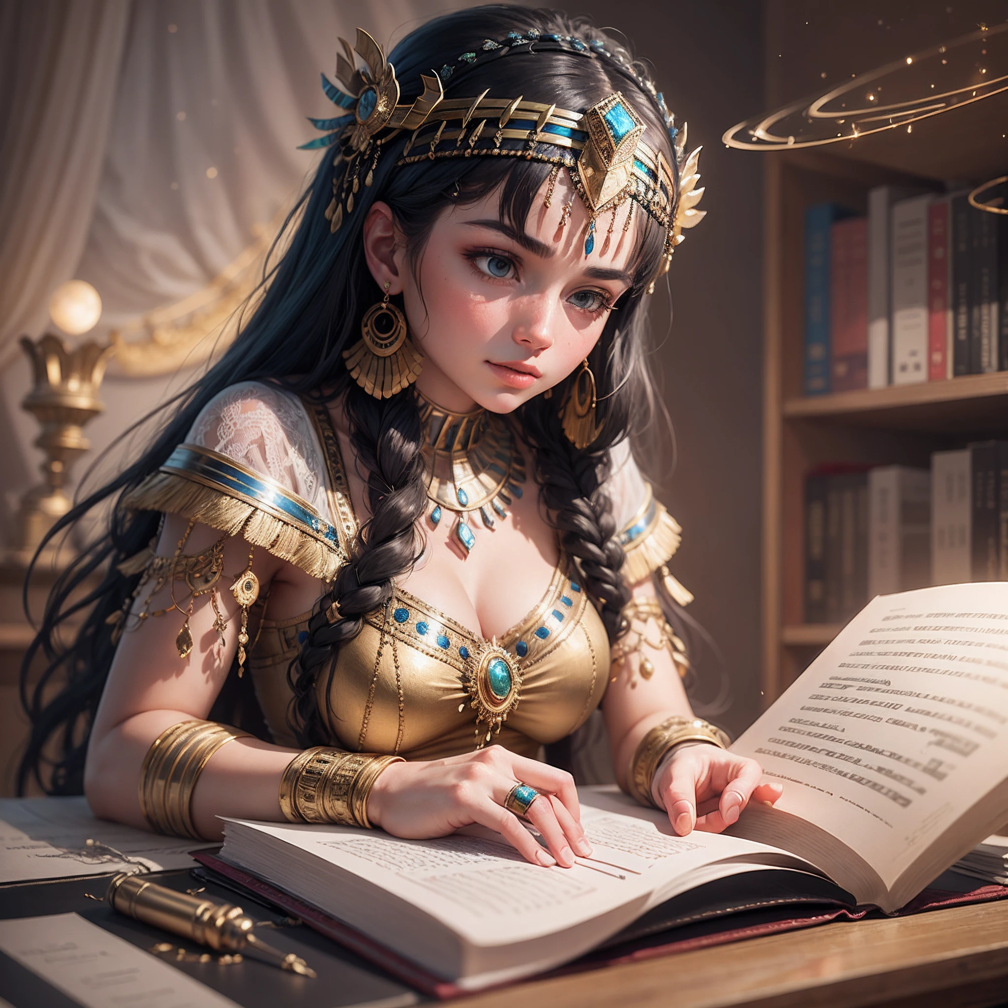 An illustration of Cleopatra engaged in various intellectual pursuits, such as studying astronomy, mathematics, and philosophy. --auto --s2