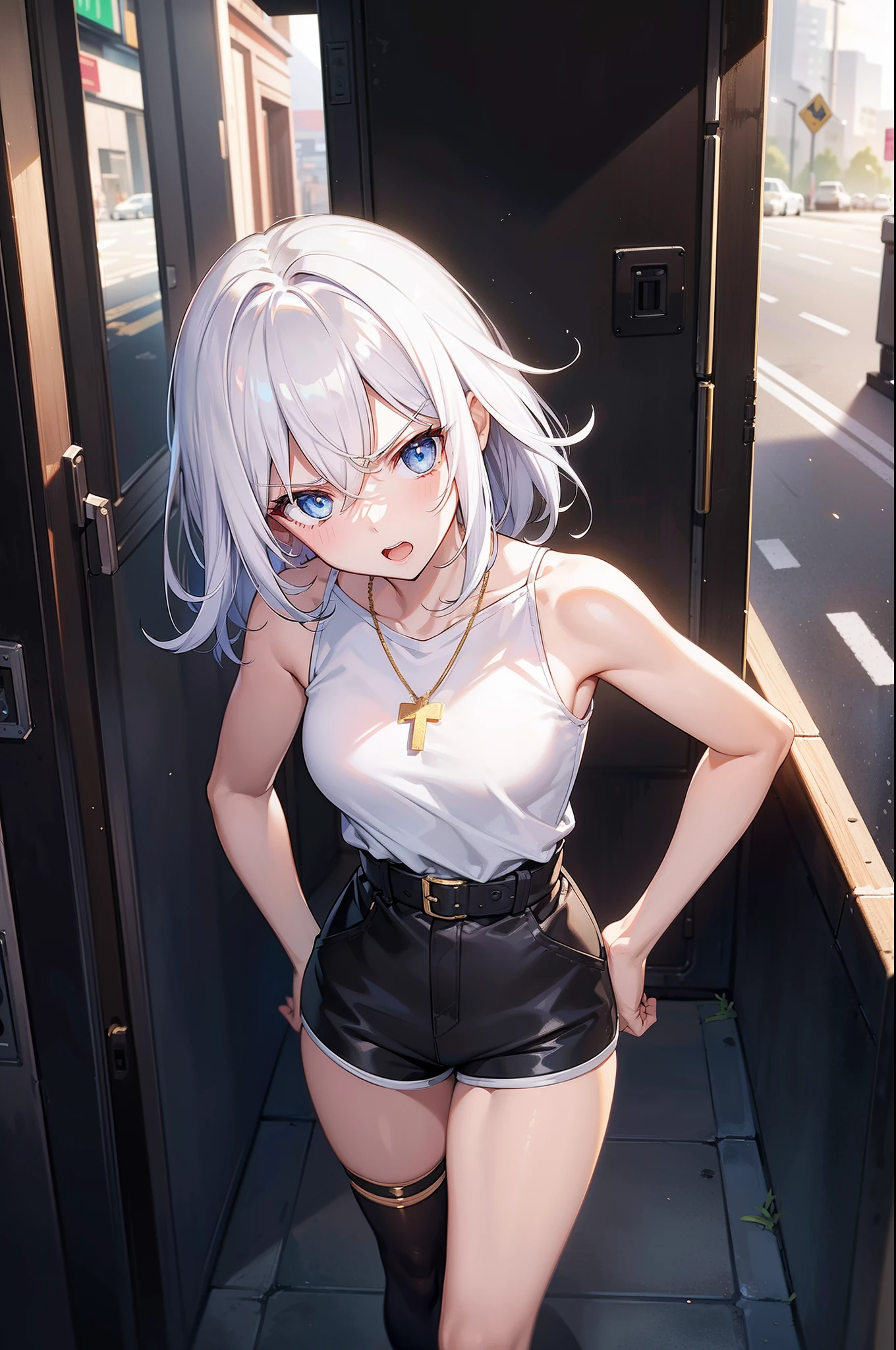 Masterpiece, Best quality, Masterpiece, Best quality, offcial art, Extremely detailed Cg Unity 8K wallpaper, Golden hour lighting, strong rimlight, Strong shadows, In the cyberpunk city, art book, Medium hair, White hair, Blue eyes, Small breasts, Sleeveless shirt, shorter pants, kneehighs, jitome, Semi-closed Eyes, :crewneck, ((hair over shoulders)), hair between eye, （A look of disdain），（Gradient hair）, dyed bangs, Cross necklace，hand on hips,, Open mouth thin, a little angry, Medium hair