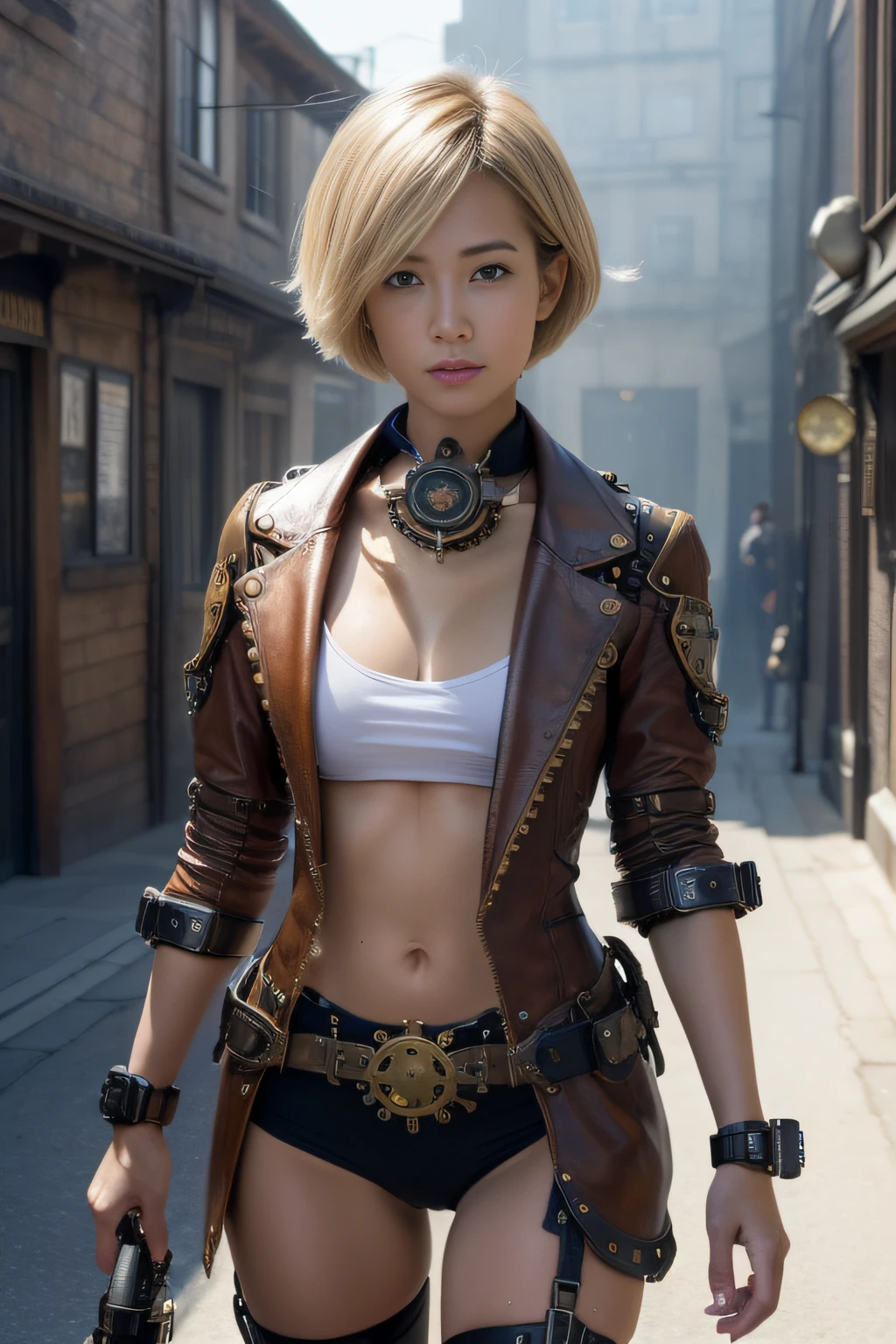 (masterpiece, top-quality:1.3), (Ultra detailed 8K cg:1.2), (hyper realisitic:1.35), (Photorealistic:1.45), (Realistic:1.4), 1 beautiful Japanese girl, 22 years old, (a blond:1.2), (Very short hair:1.2), (Tanned skin:1.5), Black Gal, flat chest, (gal make:1.3), (Looking at Viewer), Dynamic lighting, Cinematic Angle, (steampunk attire:1.3), leather jacket, gear accessories, (Steampunk town:1.5), Steam town, (action:1.5),