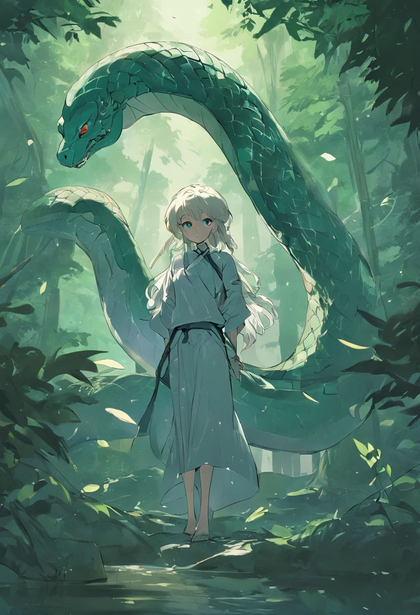 A woman who is,The upper body is human,The lower body is a snake,The two are entangled with the white snake,The sound of the bamboo forest,The waterfall is in the distance,Folk suspense comic book style,SENSE OF CINEMA,photorealestic,.3D