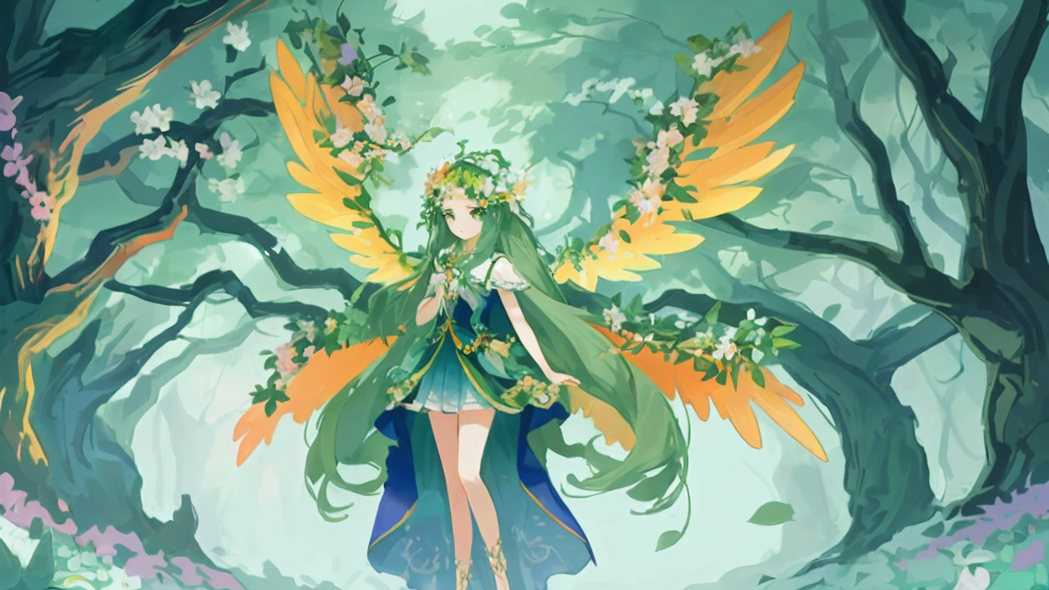 (goddess of nature,Summer forest illustration)(The four wings consist of branches and leaves, There are a lot of flowers on it:1.3)