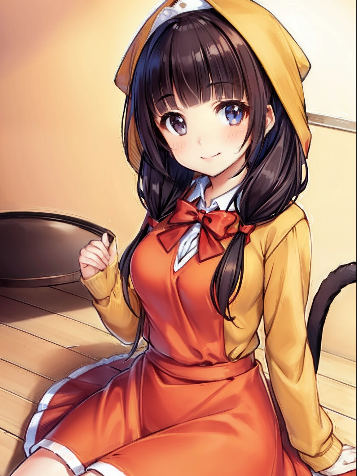 ((red clothing)), 1girl in, Cat tail, Smile, pinafore, Bread on the tray, Solo, Long hair, Closed mouth, Long sleeves, low twintails, breasts, Blunt bangs, ((masutepiece)),(((Best Quality))), ((Ultra-detailed)), ((Illustration)), masutepiece, Best Quality, hight resolution, {Beautiful detailed eyes}, finely detail, Beautiful detailed eyes, Smile