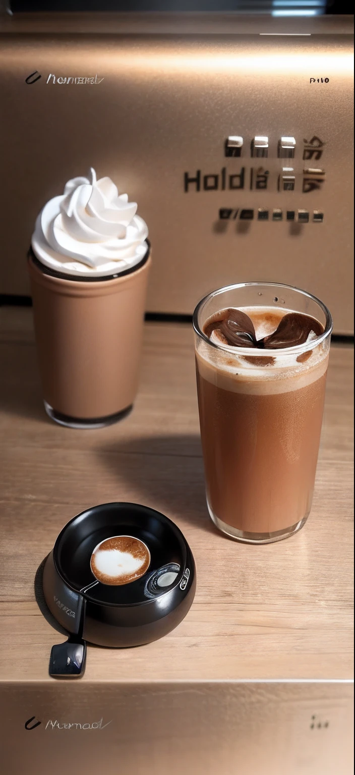 There were two cups of coffee and whipped cream，And a cup of coffee, coffee mug, Product photo, Official product image, coffee mug, - h 8 5 0 - w 6 0 0, kawa, product image, 3d product, cartoon paper coffee cup, designed in blender, shaxi, rendering, sienna, paper cup, Hot coffee, eora, warm，Hyper-realistic rendering，Divine sense top light，Cinematic lighting effects，Vray rendering，morningglow，Warm feeling，Brown background