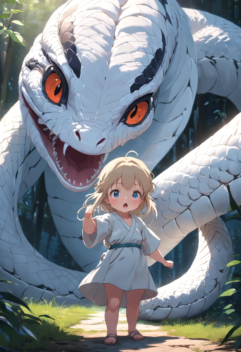 A faces a giant white snake