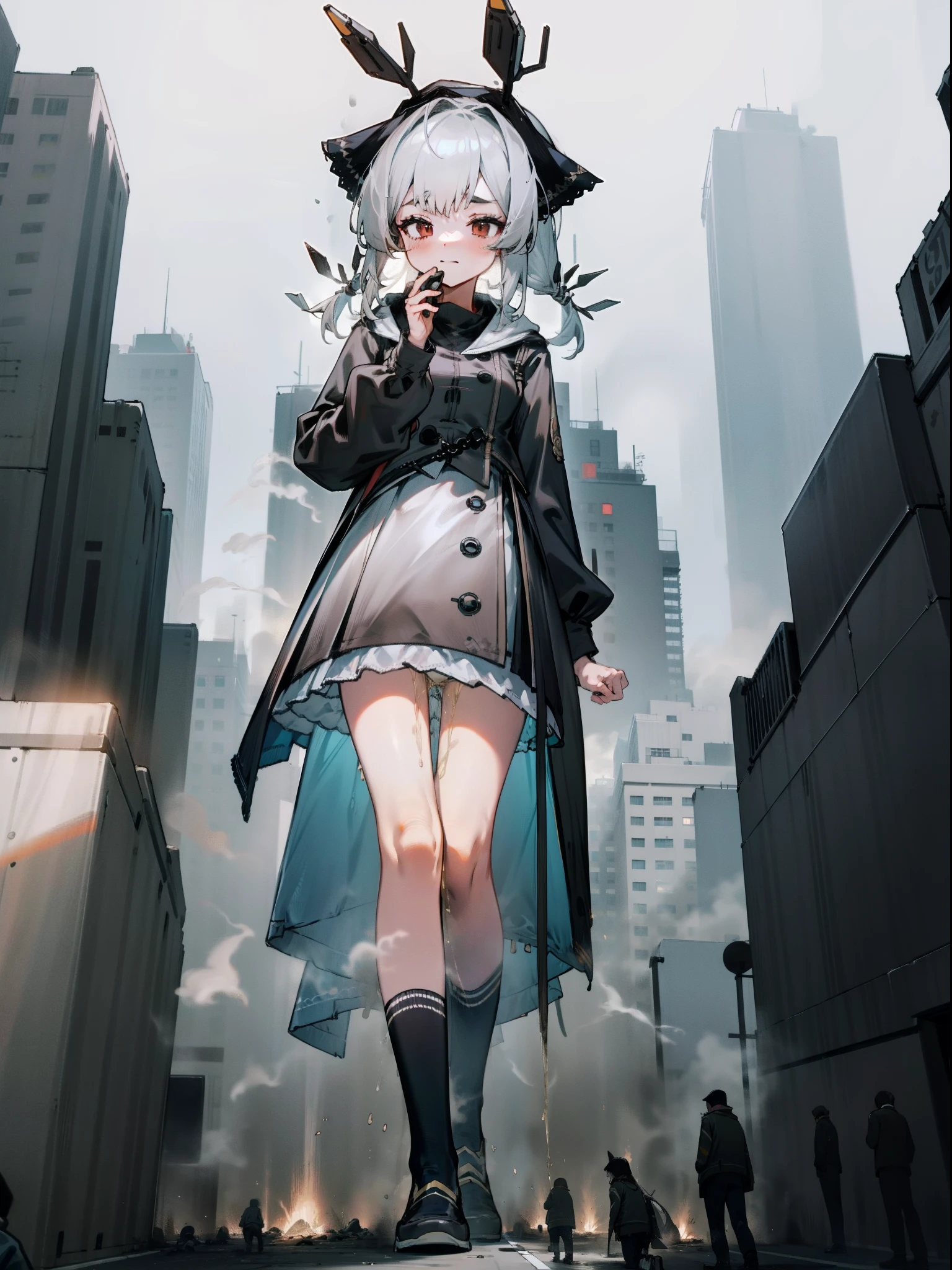 1girll,diaper,pissing,Be red in the face,Comfortable expression,Squat,urine squirting,{{{Giantess}}},A giantess,Girl with a height of 1000 meters,1girll,modern miniature city,The city was trampled by her,Squat in a modern miniature city ,Pee vigorously,Urine emits steam,White pile socks,crowd of,Fleeing crowds,