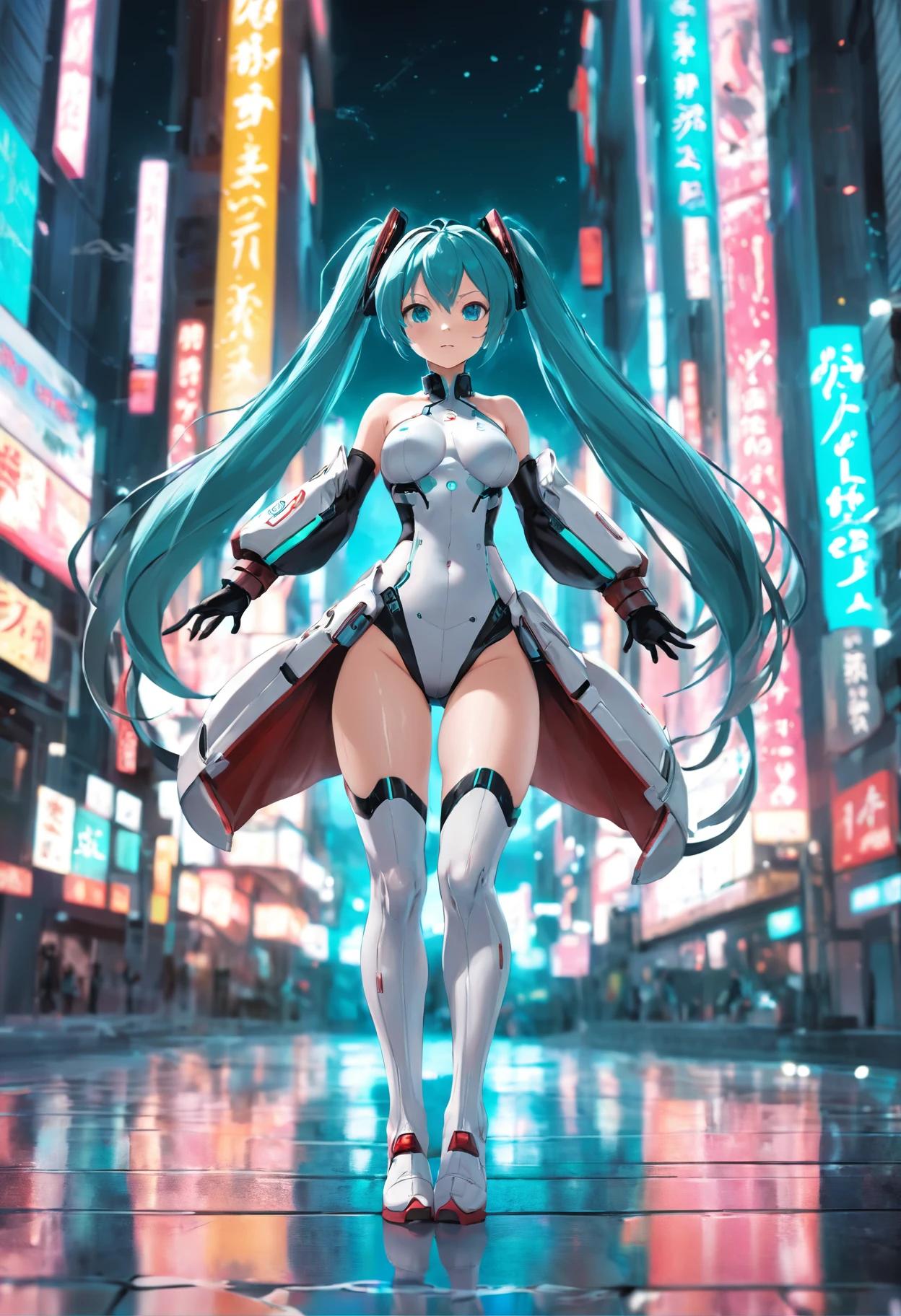 Big breasts Hatsune Miku, Sci-fi costumes,Sci-fi urban background,full bodyesbian,Barefoot,Front view, Focus on appearance,Reflect everything, (tmasterpiece) (High resolution of 8K) (best qualityer) (hyperdefined) (Ultra photo realsisim)(photo RAW) (photograph of-realistic) (Bright lighting)