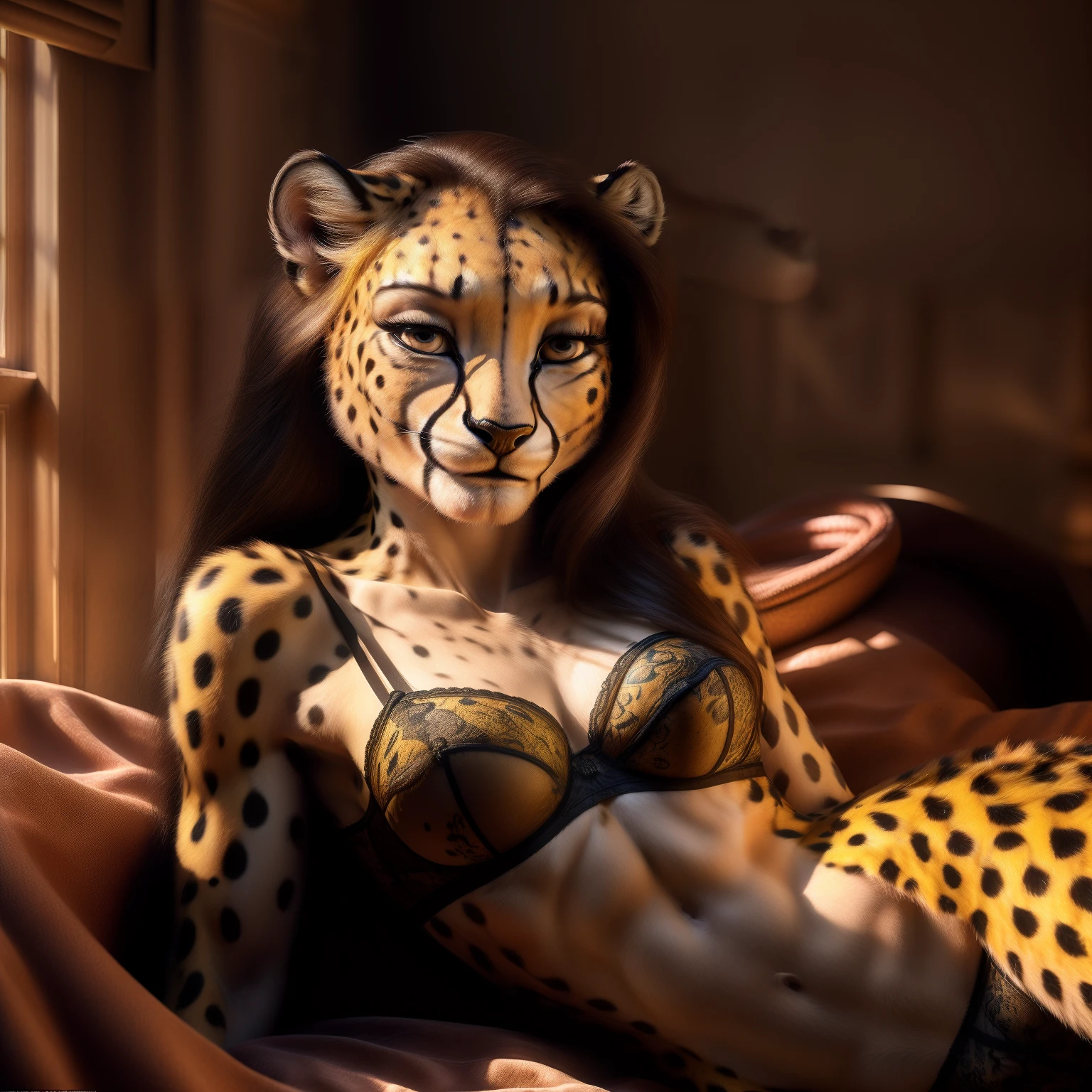 (((Cute smug Face))), (((Cute pose))), (((detailed eyes))), Solo, (((highly detailed yellow with black spots fur))), ((seductive)), ((sexy)), (((female))), (((bra))), laying down, snout, detailed eyes, (((medium breasts))), ((eyelashes, cheetah)), ((facing viewer)), ((long hair)), (((hyper realistic cheetah tail)), (((full body should be seen))), (((indoors, on bed))), sharp focus cgi, photorealistic, high detail, realistic, masterpiece, absurdres, best quality, HDR, high quality, high-definition, extremely detailed, 8k wallpaper, intricate details, 8K uhd, Full-HD, (realistic photo:1.2), contrast, harsh lighting, cinematic lighting, natural lighting, hard light, backlighting, global illumination, ambient occlusion