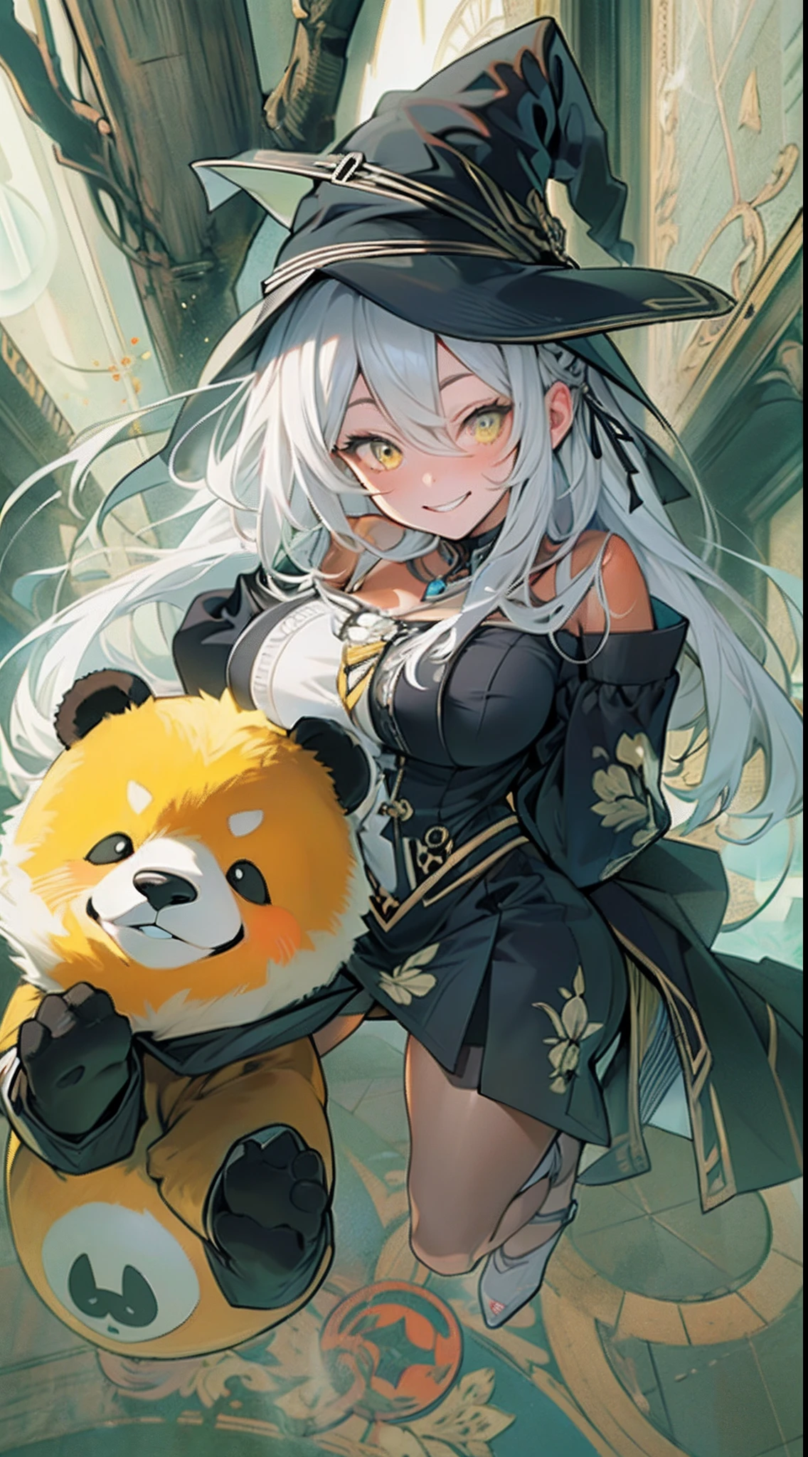 (1beautiful girl)、(abnormally large breasts)、(well tanned skin:1.5)、、(Sleep on plush panda-shaped cushions)、(Witch Parker Costume:1.0)、(Yellow aura emanating from clothes:1.5)、(White hair)、(-yeld fie)、(confident grin:1.2)、(Dark hair)、(Top image quality)、(8K picture quality)、(masutepiece)、(Full body photo:1.3)、cinematric light, Cinema Shadow, Sharp Image, Extremely detailed,、beautiful effects, Muted colors, Highly detailed image textures, detailed hairs, Detailed face, Detailed eyes, Full body photo、Highly detailed image textures, detailed hairs, Detailed eyes、