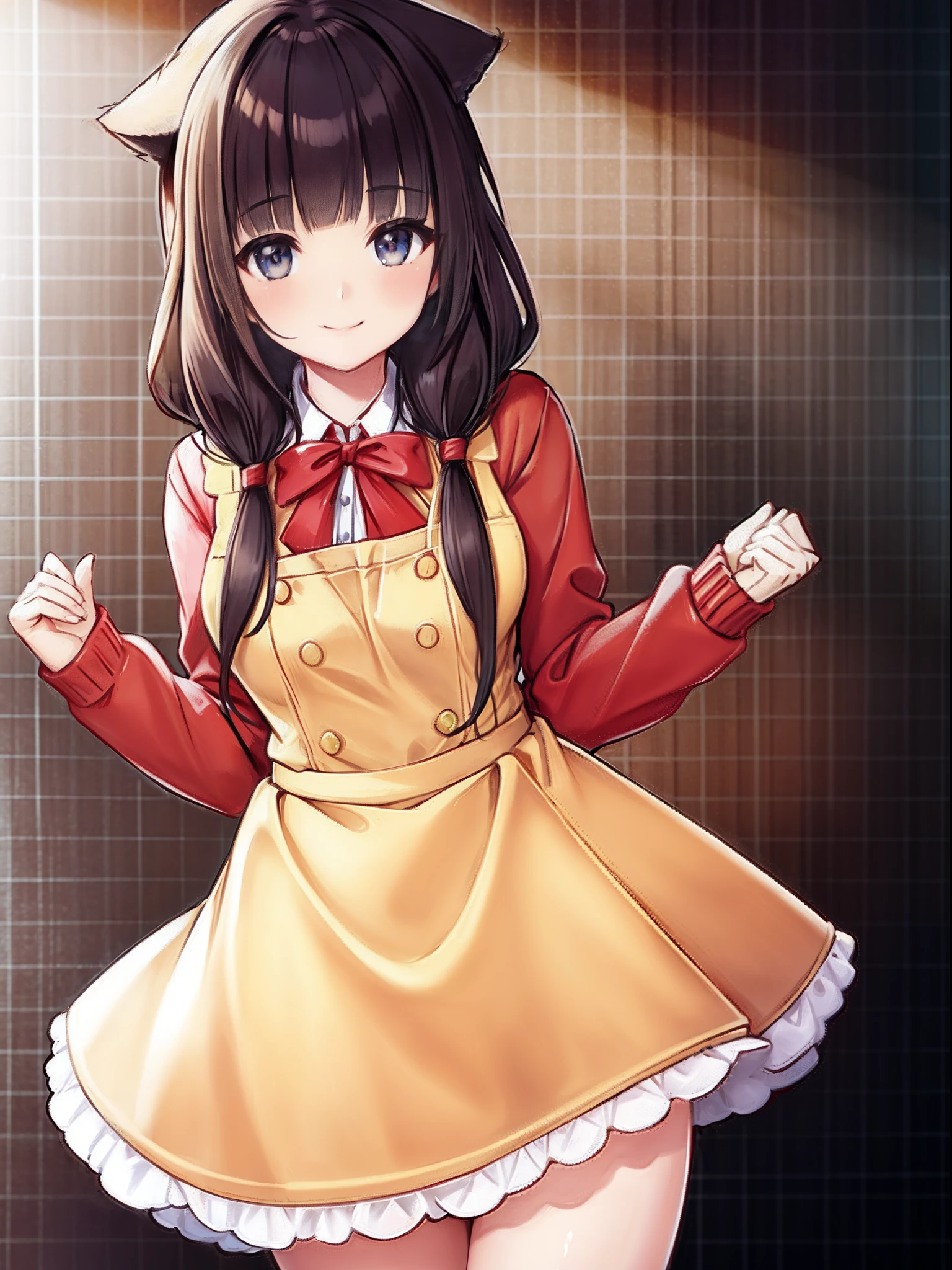 ((red clothing)), 1girl in, Cat tail, Smile, pinafore, Bread on the tray, Solo, Long hair, Closed mouth, Long sleeves, low twintails, breasts, Blunt bangs, ((masutepiece)),(((Best Quality))), ((Ultra-detailed)), ((Illustration)), masutepiece, Best Quality, hight resolution, {Beautiful detailed eyes}, finely detail, Beautiful detailed eyes, Smile