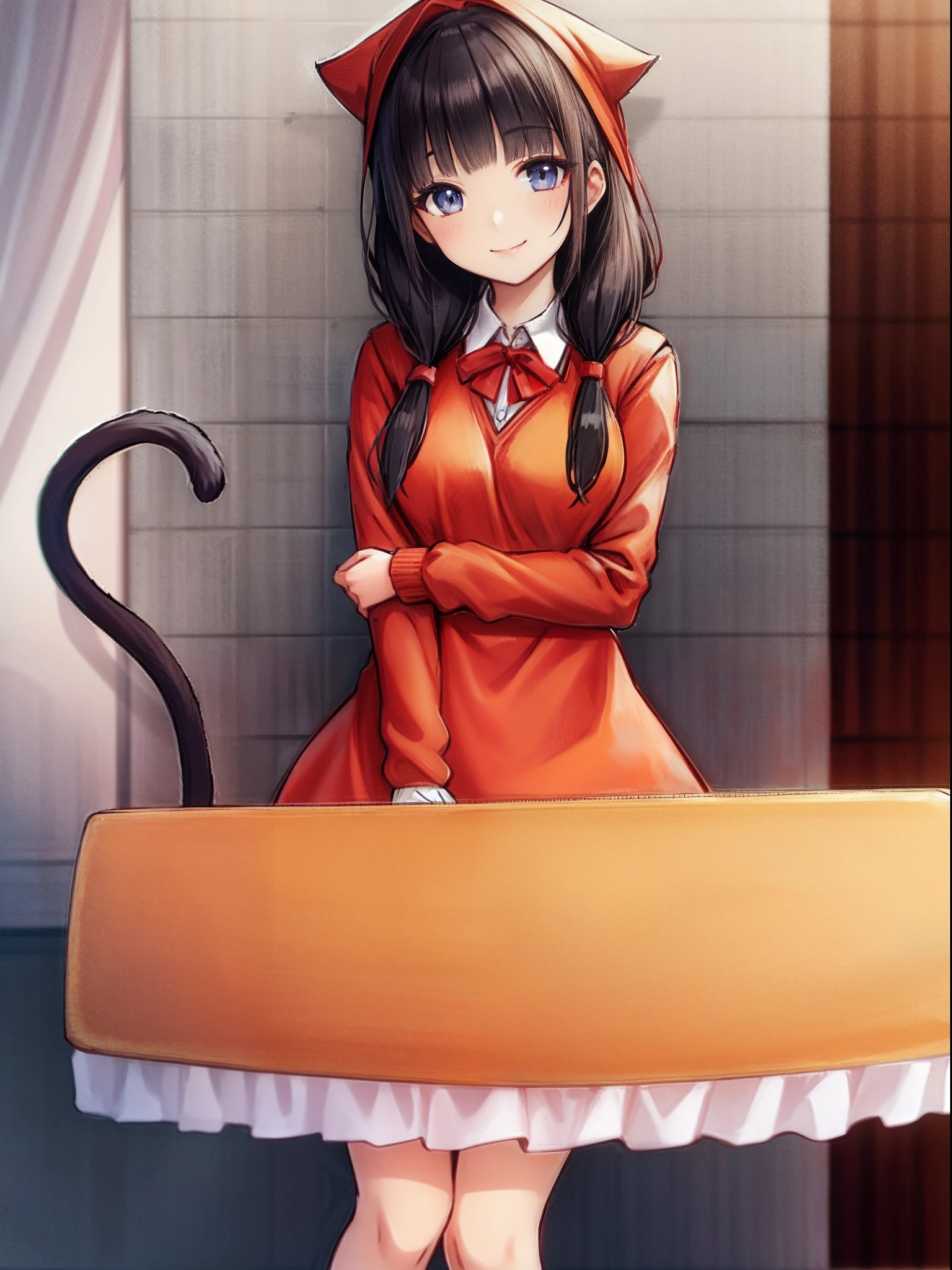 ((red clothing)), 1girl in, Cat tail, Smile, pinafore, Bread on the tray, Solo,  Long hair, Closed mouth, Long sleeves, low twintails, breasts, Blunt bangs, ((masutepiece)),(((Best Quality))), ((Ultra-detailed)), ((Illustration)), masutepiece, Best Quality, hight resolution, {Beautiful detailed eyes}, finely detail,  Beautiful detailed eyes, Smile