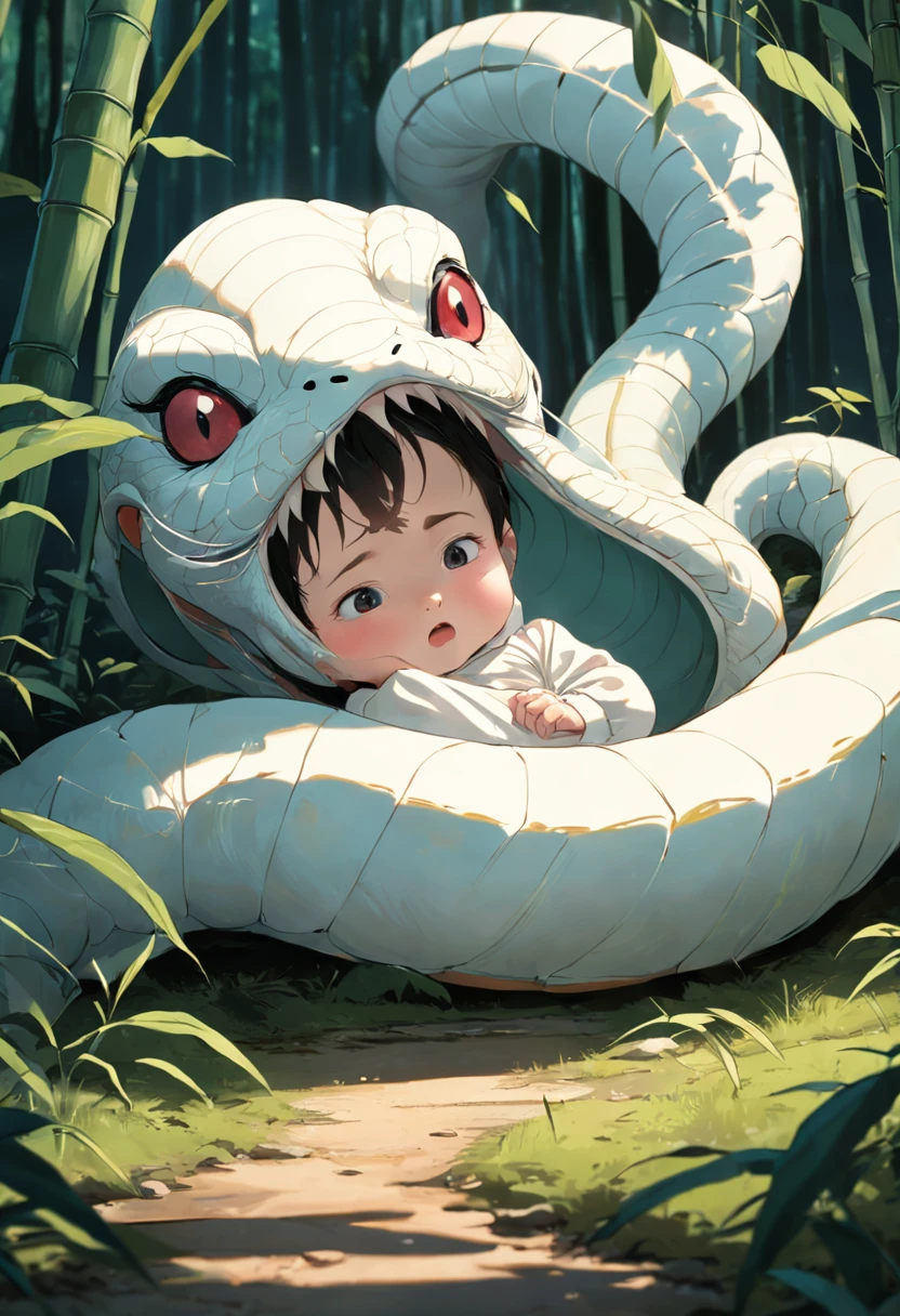 A  lies on the ground，Face a giant white snake，in bamboo forest，Folk suspense comic book style，SENSE OF CINEMA，photorealestic，3D