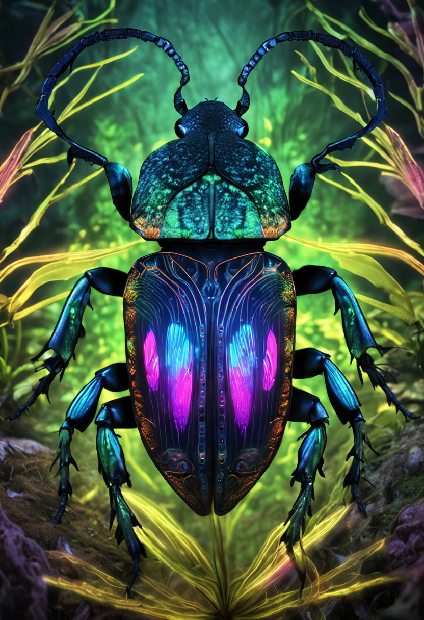 humanoid beetle with intricate metallic exoskeleton and glowing bioluminescent patterns, standing on a mossy forest floor. The beetle's wings are partially spread, showcasing the vibrant iridescent colors. There is a soft ethereal glow surrounding the beetle, adding to its otherworldly appearance