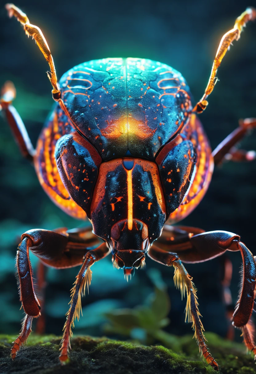 humanoid beetle with intricate metallic exoskeleton and glowing bioluminescent patterns, standing on a mossy forest floor. The beetle's wings are partially spread, showcasing the vibrant iridescent colors. There is a soft ethereal glow surrounding the beetle, adding to its otherworldly appearance
