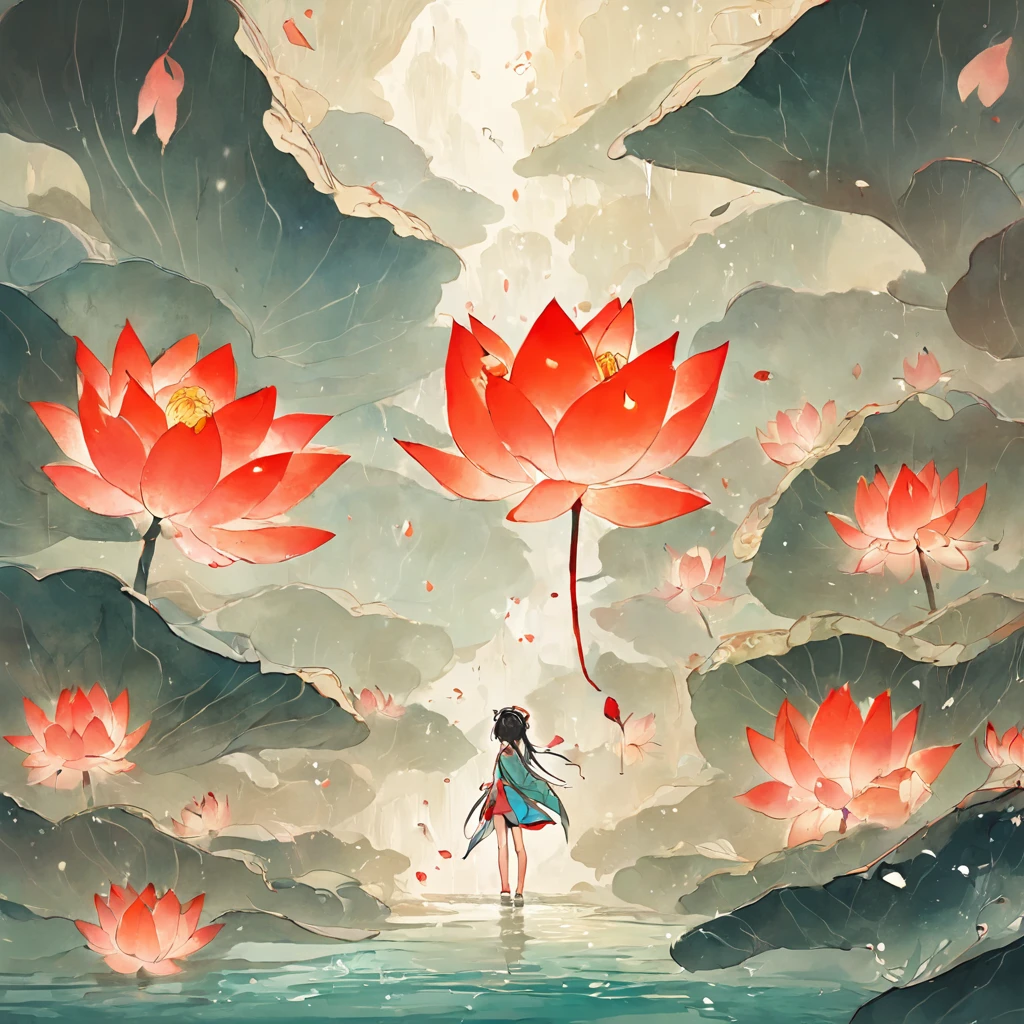 There is no pperson。, large lotus leaf, lotuses, Ink painting style, Clean colors, Ink style, polluted, decisive cutting, White space, impressionistic, Masterpiece, Super detailed, Epic composition, High quality, Highest quality, Koi fairy, Ancient style, Dunhuang Flying Sky,Red koi