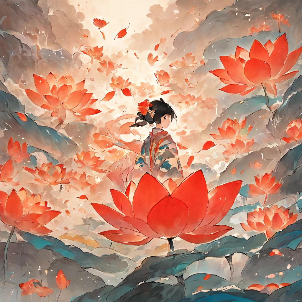 There is no pperson。, large lotus leaf, lotuses, Ink painting style, Clean colors, Ink style, polluted, decisive cutting, White space, impressionistic, Masterpiece, Super detailed, Epic composition, High quality, Highest quality, Koi fairy, Ancient style, Dunhuang Flying Sky，Red koi