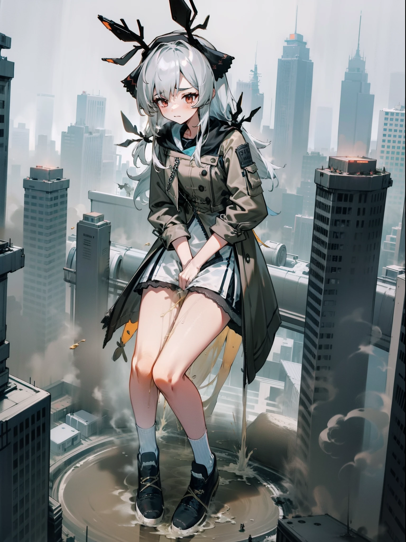 1girll，diaper，pissing，Be red in the face，Comfortable expression，Squat，urine squirting，{{{Giantess}}}，A giantess，10 meters tall girl，1girll，modern miniature city，The city was trampled by her，Squat in a modern miniature city ，Pee vigorously，Urine emits steam，White pile socks，Fleeing crowds，