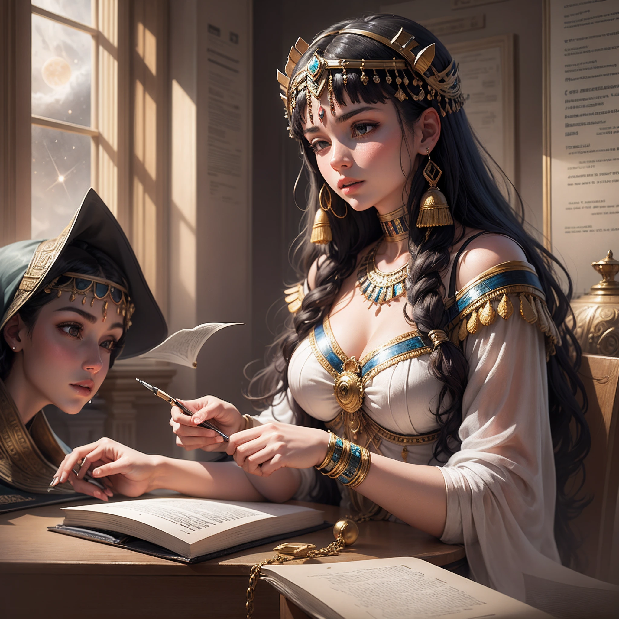 An illustration of Cleopatra engaged in various intellectual pursuits, such as studying astronomy, mathematics, and philosophy. --auto --s2