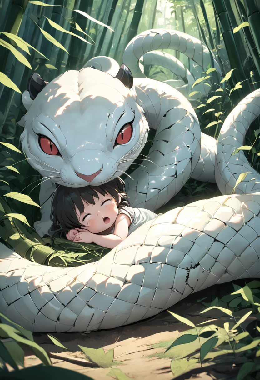 A  lies on the ground，Entangled in a giant white snake，in bamboo forest，Folk suspense comic book style，SENSE OF CINEMA，photorealestic，3D