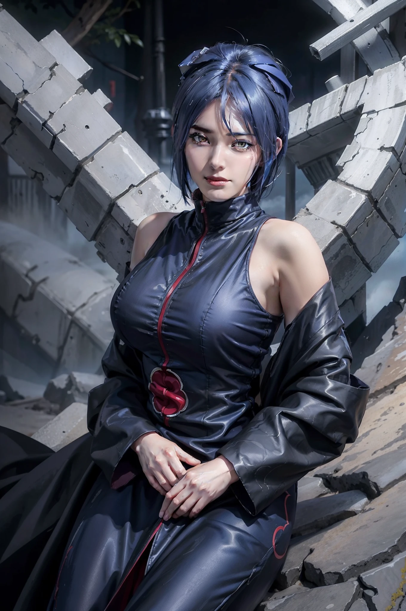 1girl, konan akatsuki in anime naruto, short hair, blue hair, yellow eyes, smile, beautiful, sexy dress, sexy clothes, black and red clothes, very big breast, realistic clothes, detail clothes, outdoor background, ultra detail, realistic
