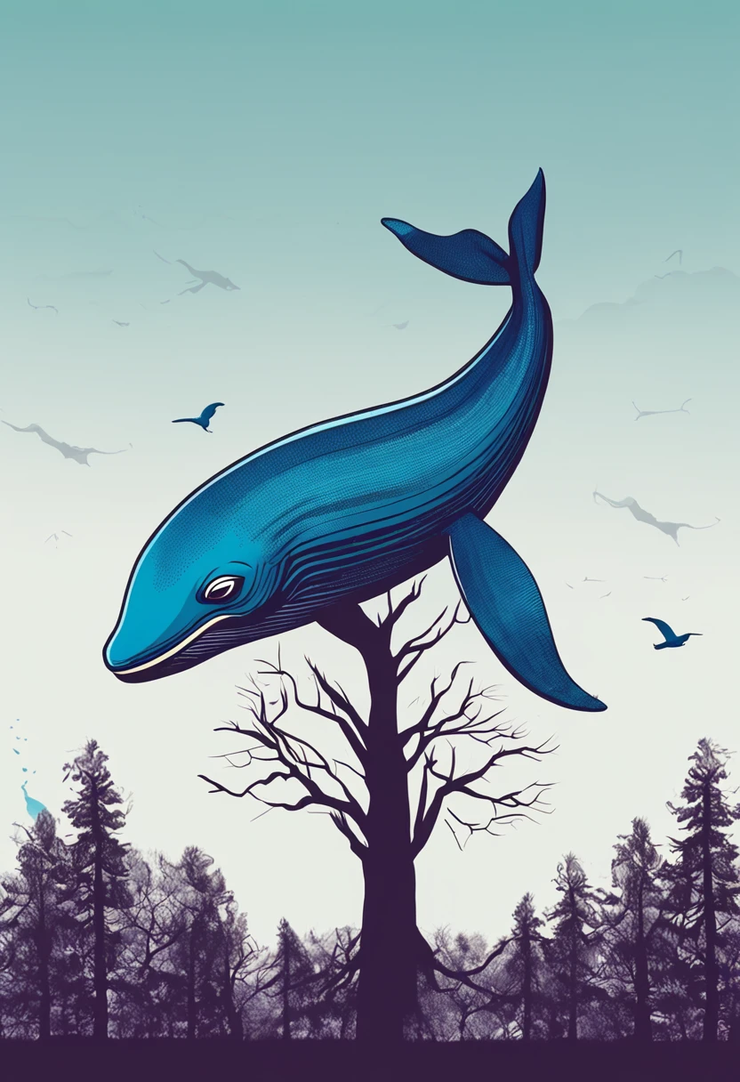 White background, blue whale with a tree on its back, solid color, simple