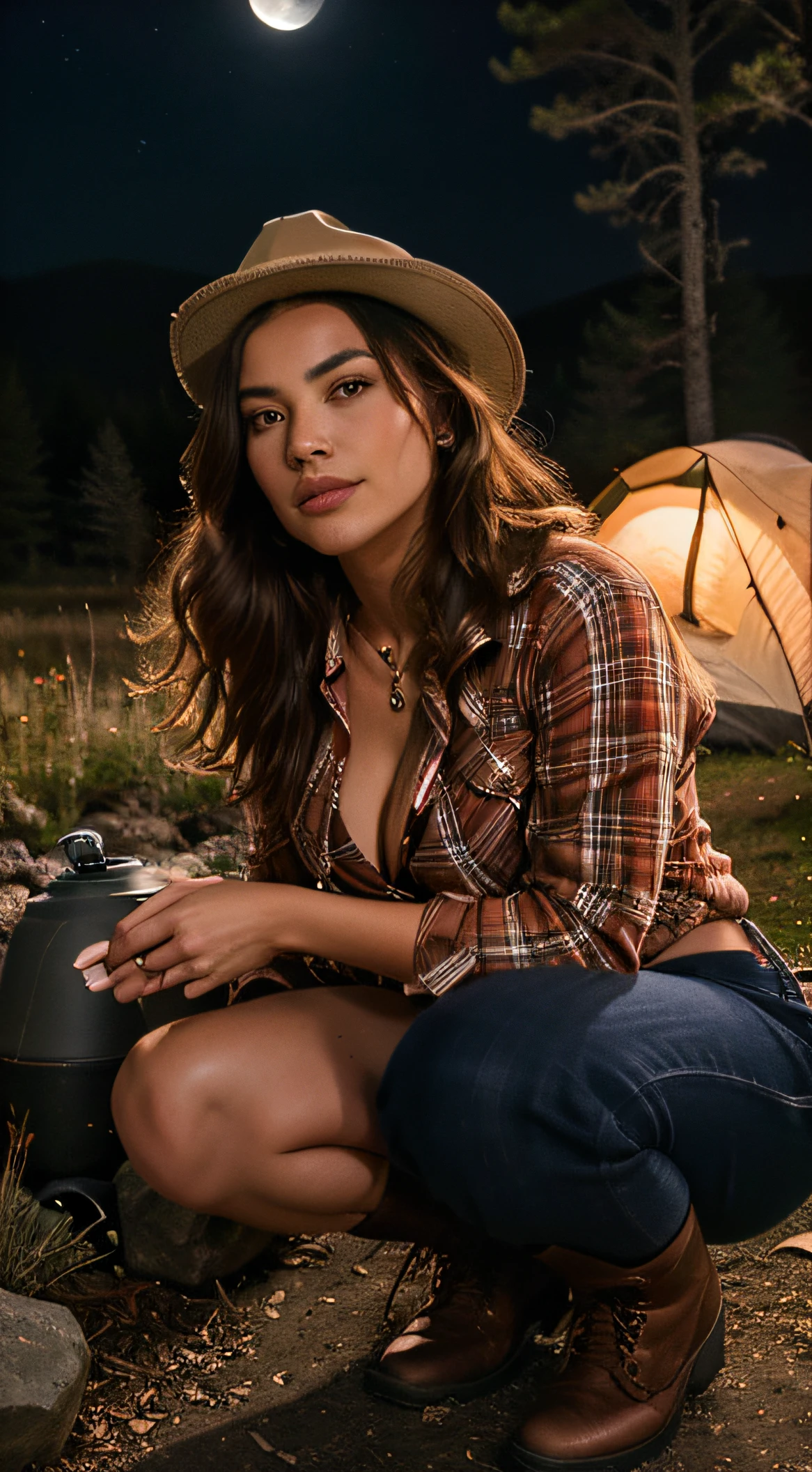 1 woman ((upper body selfie, happy)), masterpiece, best quality, ultra-detailed, solo, outdoor, (night), mountains, nature, (stars, moon) cheerful, happy, backpack, sleeping bag, camping stove, water bottle, country boot, country hat, red plaid shirt long sleeve open, lantern, forest, rocks, river, wood, smoke, shadows, contrast, clear sky, style, (warm hue, warm tone: 1.2), close-up, cinematic light, side lighting, ultra high resolution, best shadow, RAW, upper body, wearing lingerie, seductive look, huge breasts, 4k, open neckline, sexy