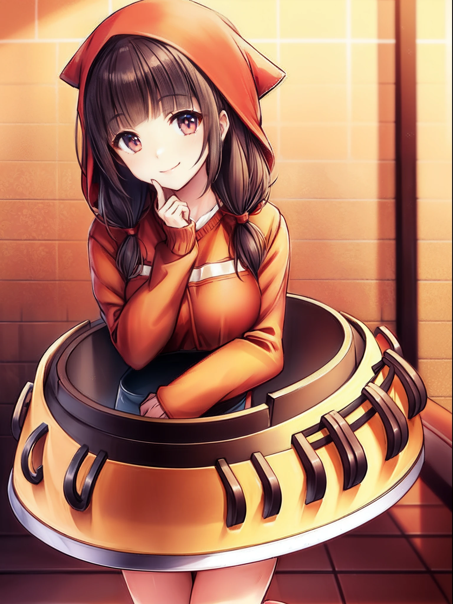 ((red clothing)), 1girl in, Cat tail, Smile, pinafore, Bread on the tray, Solo,  Long hair, Closed mouth, Long sleeves, low twintails, breasts, Blunt bangs, ((masutepiece)),(((Best Quality))), ((Ultra-detailed)), ((Illustration)), masutepiece, Best Quality, hight resolution, {Beautiful detailed eyes}, finely detail,  Beautiful detailed eyes, Smile