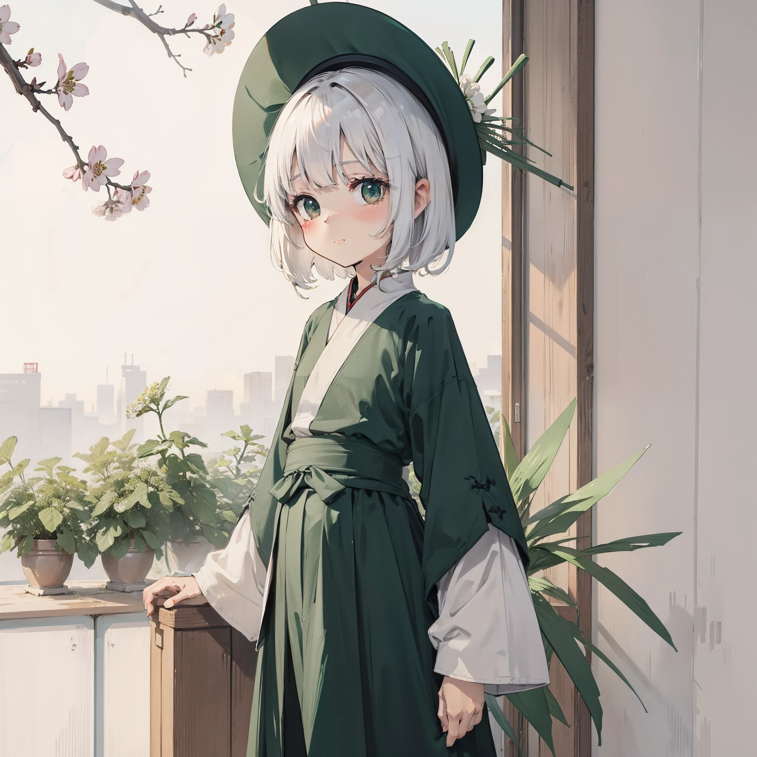 Green onions taller than a person,blossom flower,one-girl,Loli,elementary student,独奏, (with short white hair:1.2),
