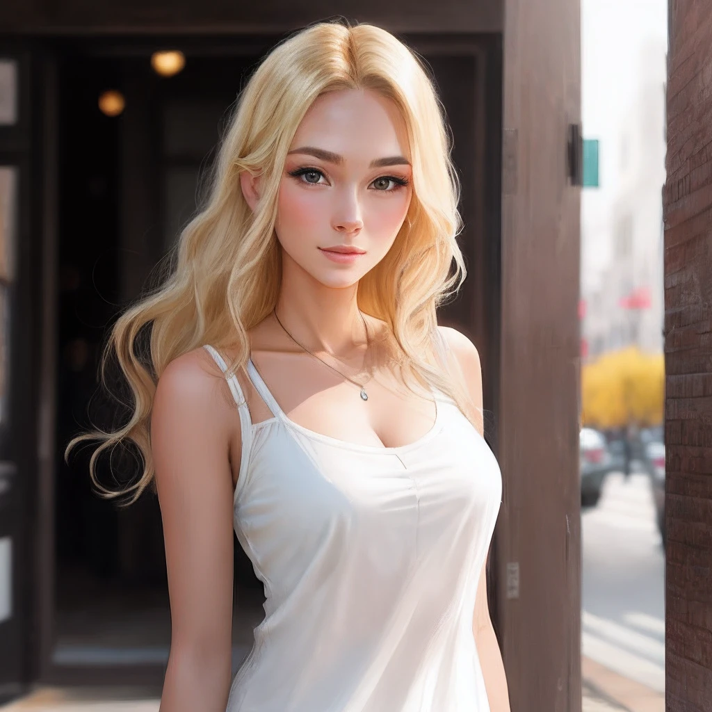 Shiny transparent white glossy skin, Wind hair gets in the way of a pretty face, 25 years old, cute sexy little handsome face, pink lips,( hair parted to one side:1.5), talllight, light blue eyes, Sexy face, sexy cute young lady,long natural blonde shiny hair, The sea shining in the morning sun,choker, ( silky blue sexy tops:1.3), (silky blue Tight skirt :1.3), Tropical islands, Palm trees, Blonde Glossy Light Hair, natural wave hair,, (Intricate details: 1.2), almond eyes, (Detailed eyes), (A detailed face), beautiful Smile, flushed cheeks, Medium chest, slender body shape, tight waist, small ass, (thin and long legs: 1.8), the visible part of someone's thighs between their skirt, beautiful hands, thin shoulders, Look at viewers,Wind blowing skirts, dynamicposes